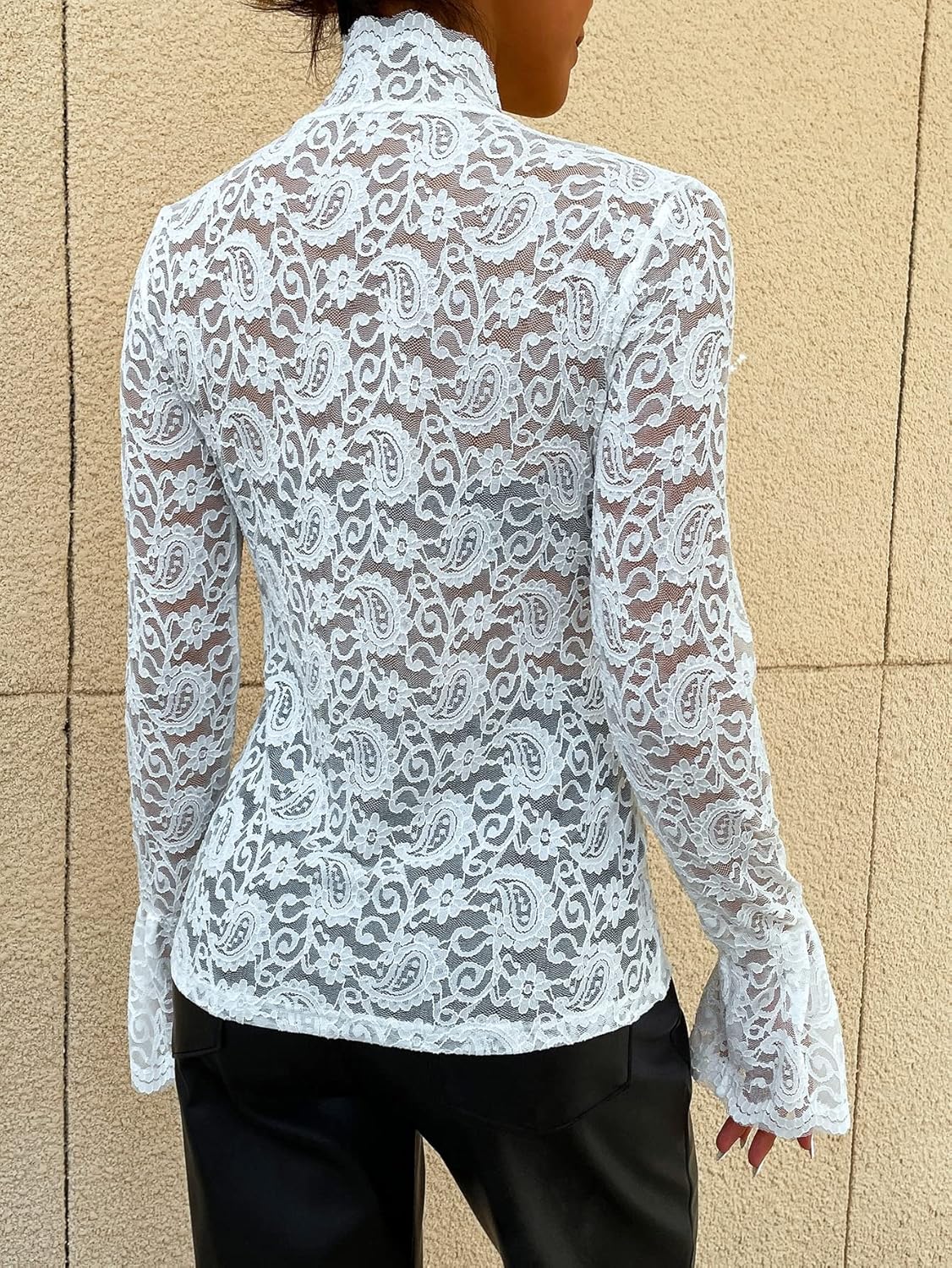 WDIRARA Women's Floral Lace Mock Neck Long Flounce Sleeve Pullover Sheer Slim Fit Stand Collar Blouse Top - Image 2