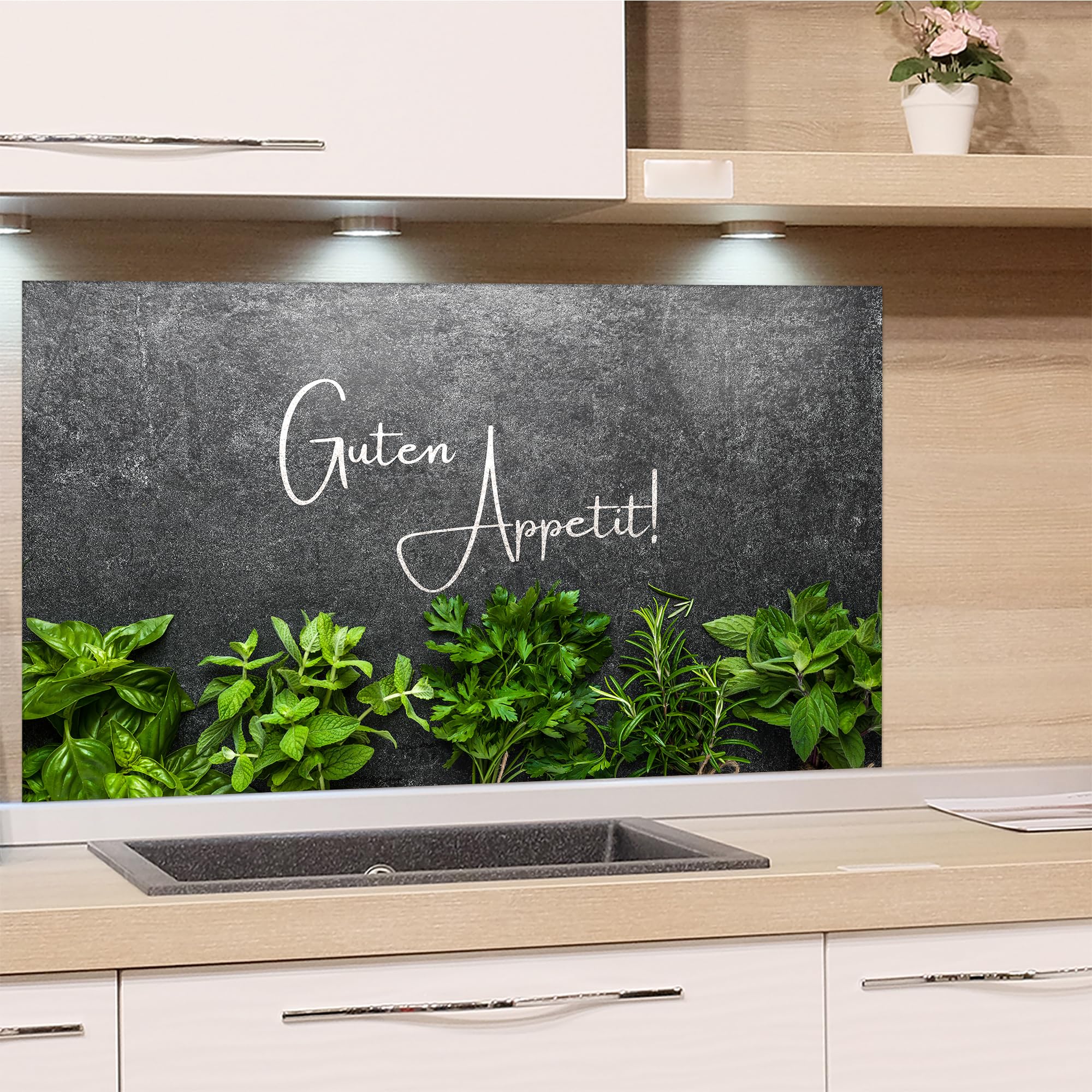 GRAZDesign Spritzschutz Küchenrückwand Glas Küche für Herd & Küchenspüle, Kräuter Guten Appetit Glasplatte Rückwand Küchenwand Wandschutz | 100x60cm