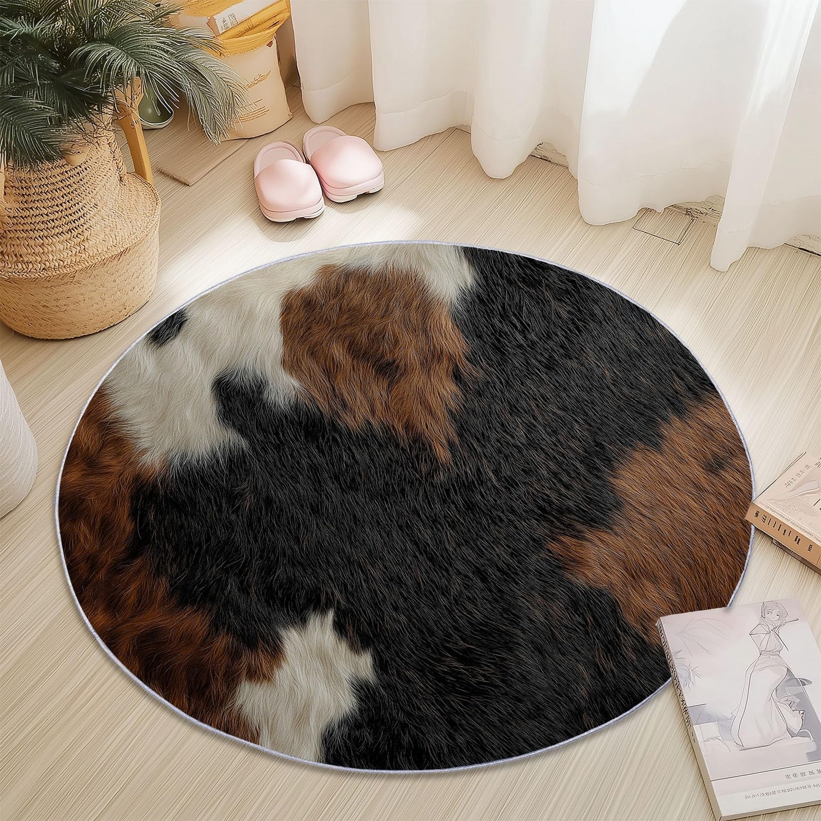 Générique Tapis Rond Lavable 120 cm – Motif Peau De Vache Texture, Tapis Rond antidérapant à Poils Ras, Noir pour Salon Chambre Cuisine Balcon Terrasse et Salle à Manger