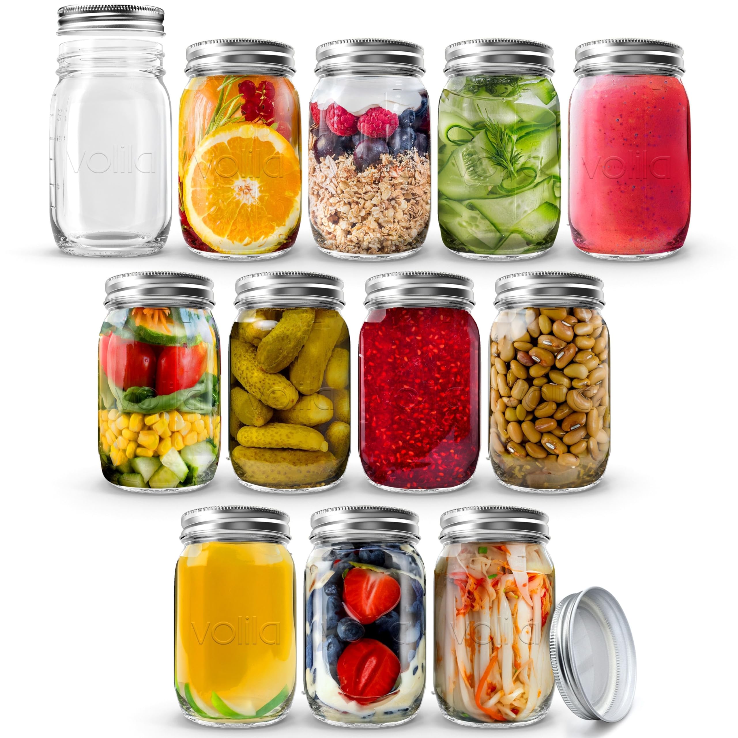 volila Glass Jars with Lids, 12 Pack 490ml Airtight Mason Jars with Lids, Multipurpose Storage Jars for Overnight Oats, Pickling, Preserving & Meal Prep Jar