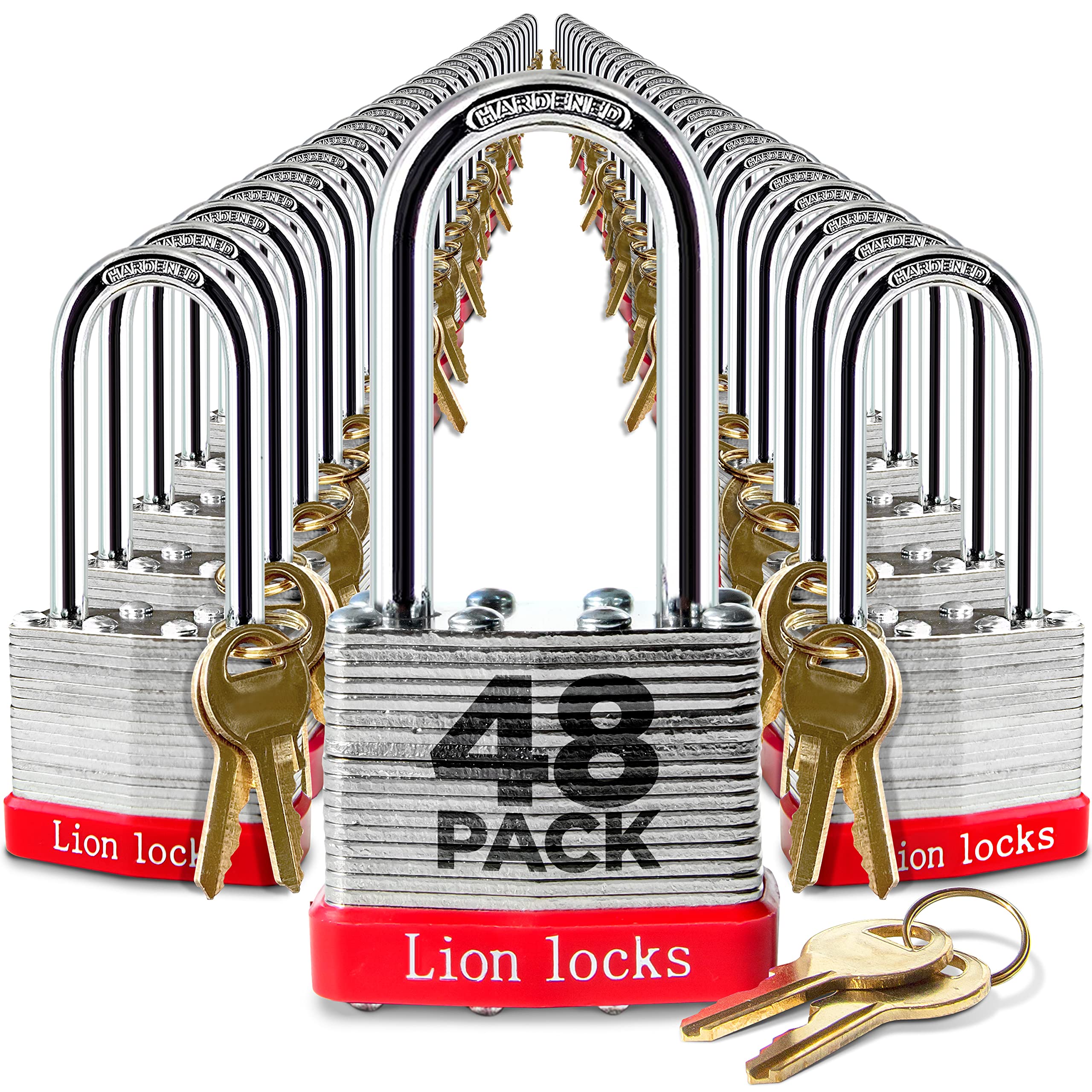 Lion Locks 48 Keyed-Alike Padlocks w/ 2” Long Shackle, 96 Keys, Hardened Steel Case, Pick Resistant Brass Pin Cylinder (48-Pack) for Hasp Latch, Shed, Fence, Gate Chain, Cable, Locker Lock, Gym Door