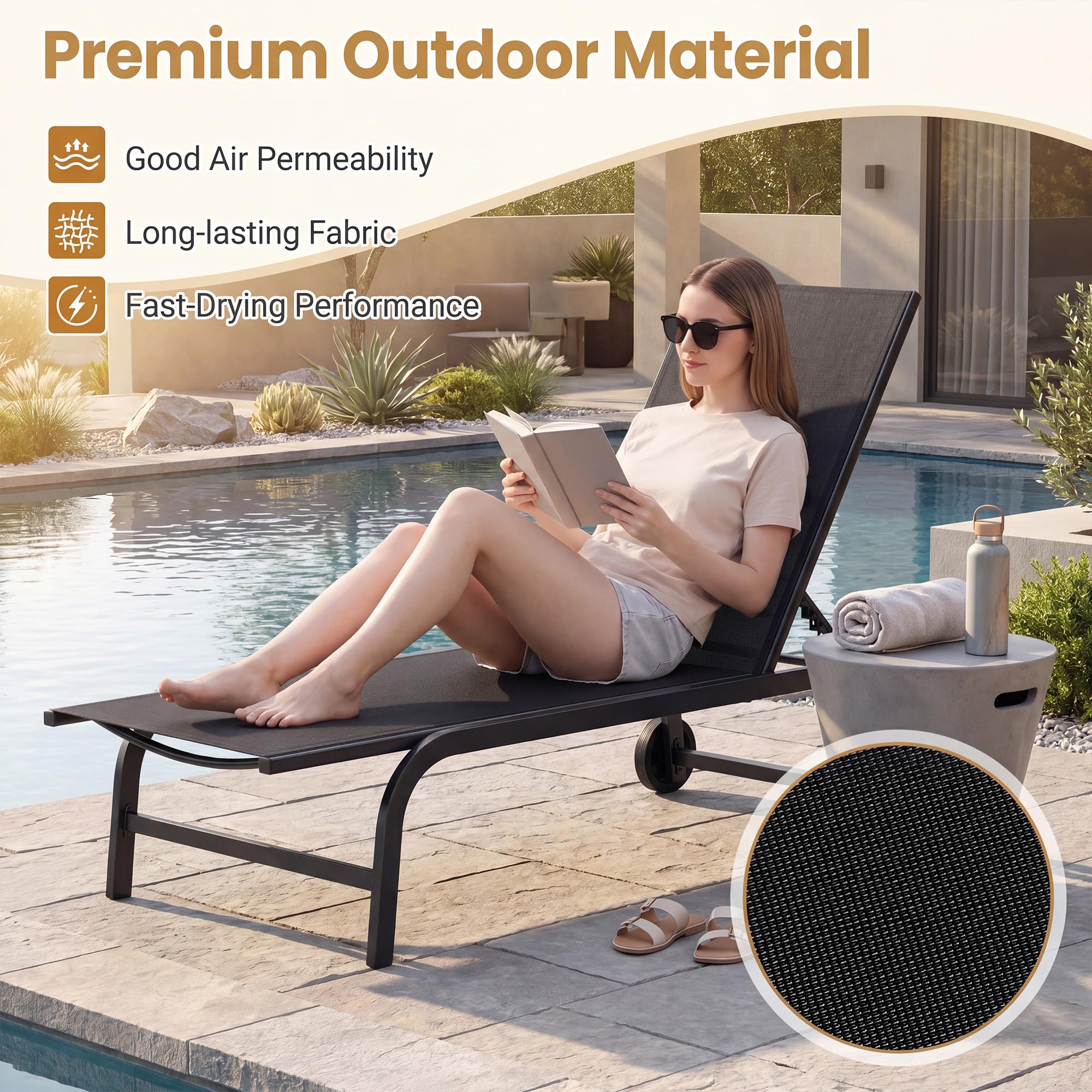 KOMFOTTEU Juego de 1/2 Tumbona de Jardín con Ruedas, Tumbona de Tela con Respaldo Ajustable en 6 Posiciones, Silla Reclinable de Exterior, Carga 150 kg, para Balcón, Terraza, Piscina (Negro x 1)