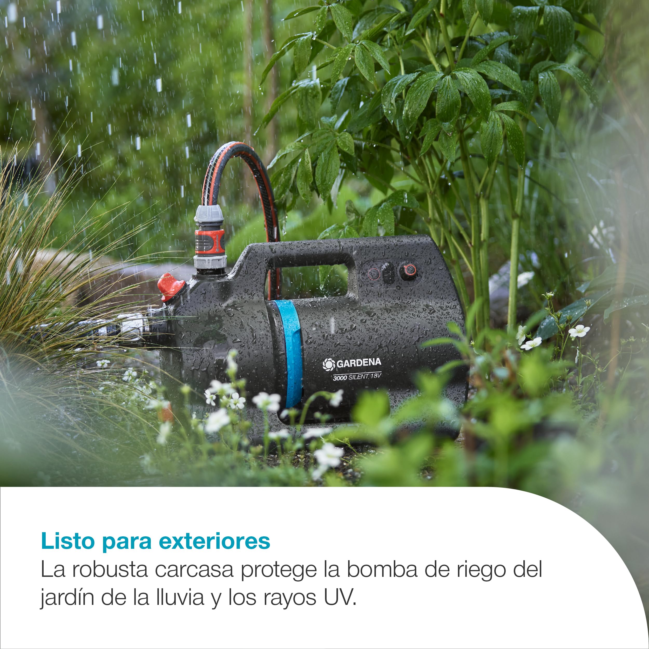 Gardena Bomba de jardín con batería 3000 Silent 18V P4A Set listo para usar: Potente, Operación silenciosa, Cuerpo protegido contra lluvia y UV, Protección contra el funcionamiento en seco (14610-20)