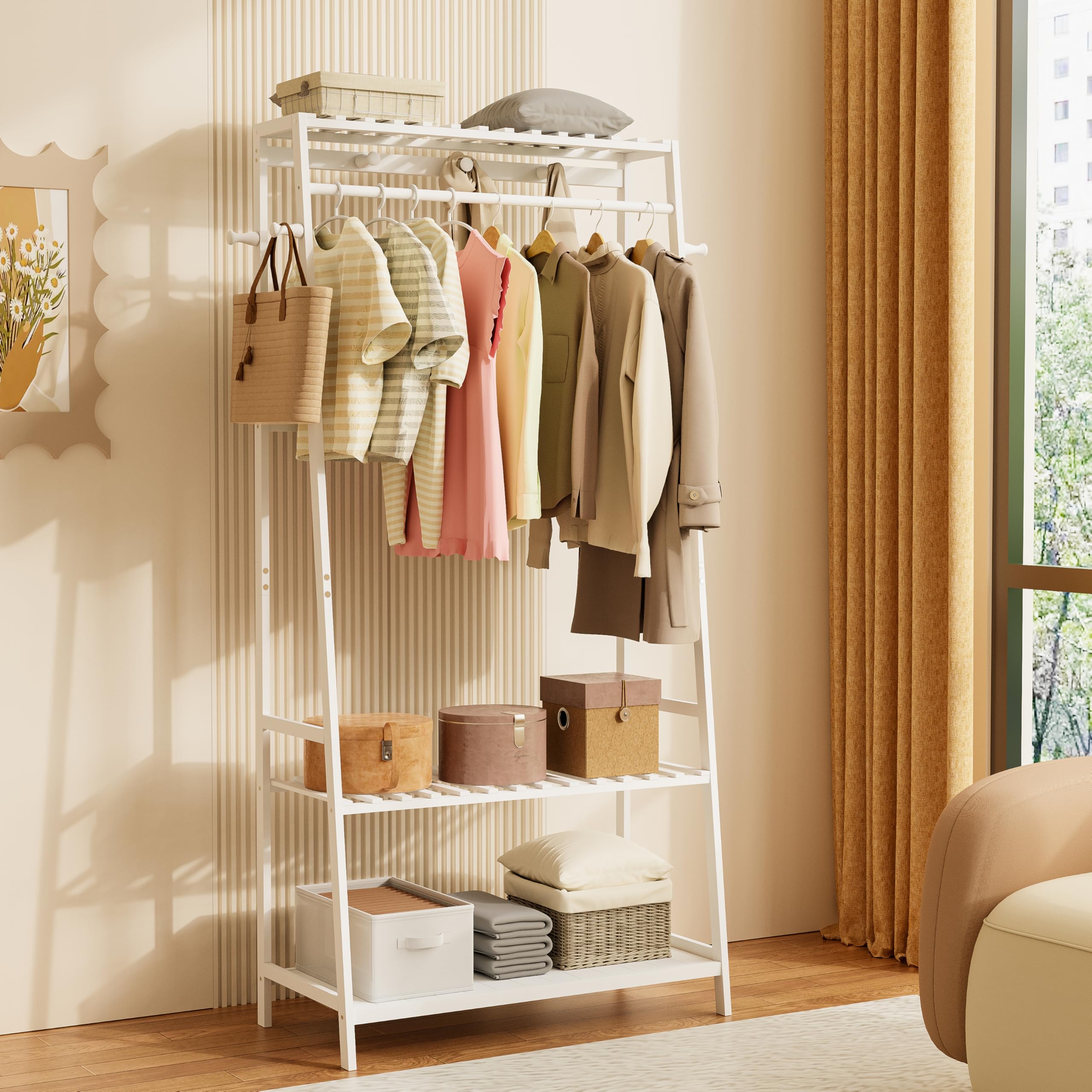 unho Bamboo Clothes Rail Rack: Free Standing Garment Rack with 3 Storage Shelves 10 Hooks Open Wardrobe Organizer for Clothes Shoes Hats Bags in Entryway Bedroom Living Room White