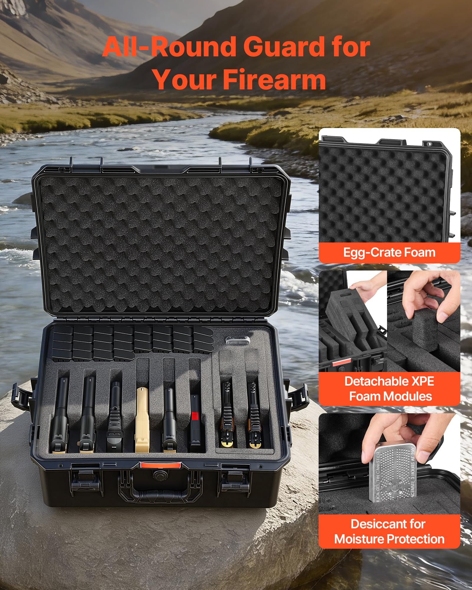 VEVOR Estuche Rígido para Pistola con Revestimiento de Espuma XPE, Funda para 8 Pistolas, Resistente al Agua y Polvo con Interior Personalizable y Asa 556 x 455 x 225 mm, Negro, Cumple con la TSA