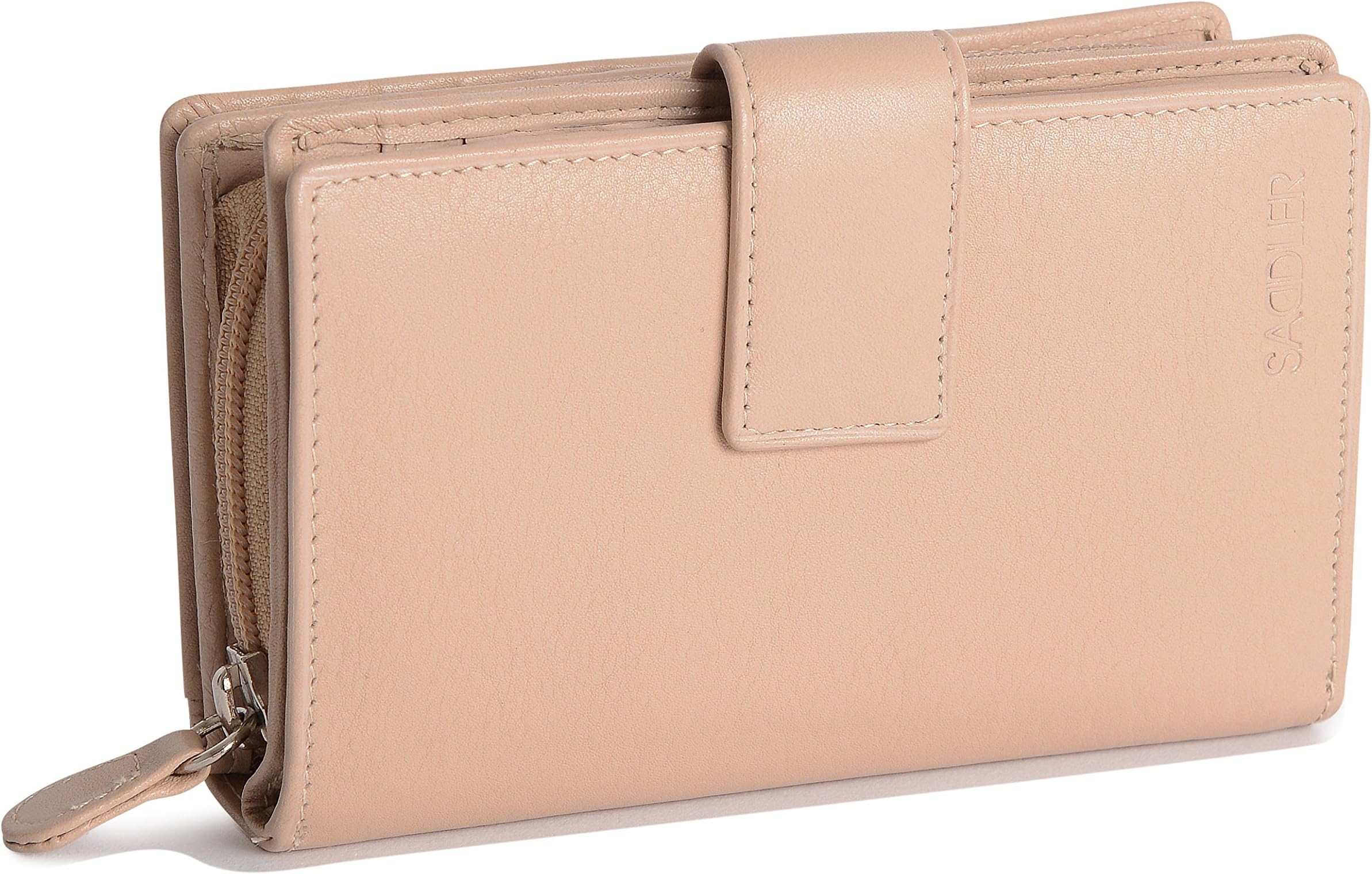 SADDLER Womens Luxurious RFID Protected Real Leather Large Bifold Purse Wallet with Centre Zipper Coin Purse | Designer Ladies Clutch Perfect for ID Coins Notes Debit Cards | Gift Boxed - Taupe