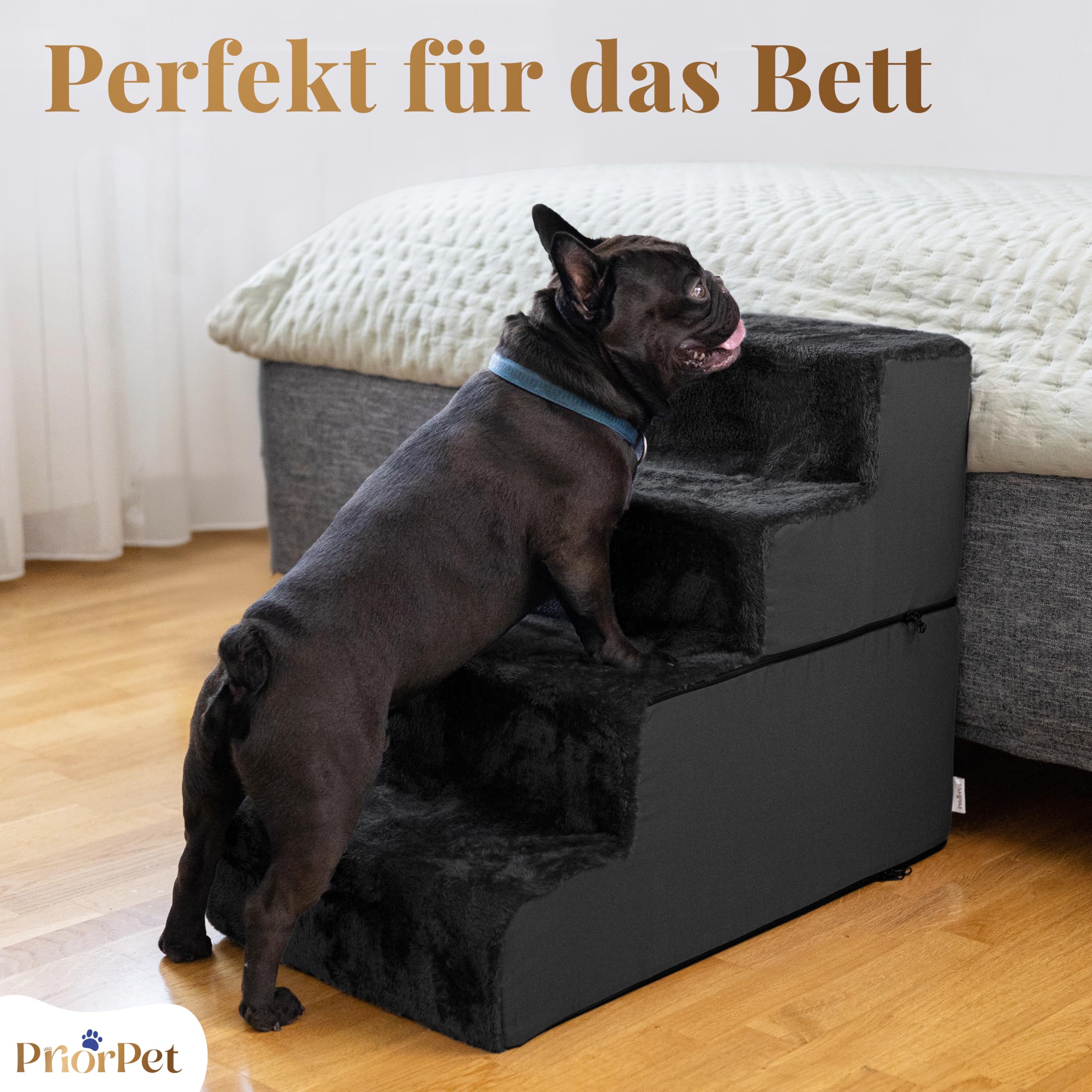 Hundetreppe für Bett und Sofa - 4 Stufen Hunderampe 58cm Hoch - Schaumstoff für Kleine Hunde - Sichere und Stabile Haustiertreppe - Abnehmbarer Waschbarer Bezug - Schwarz