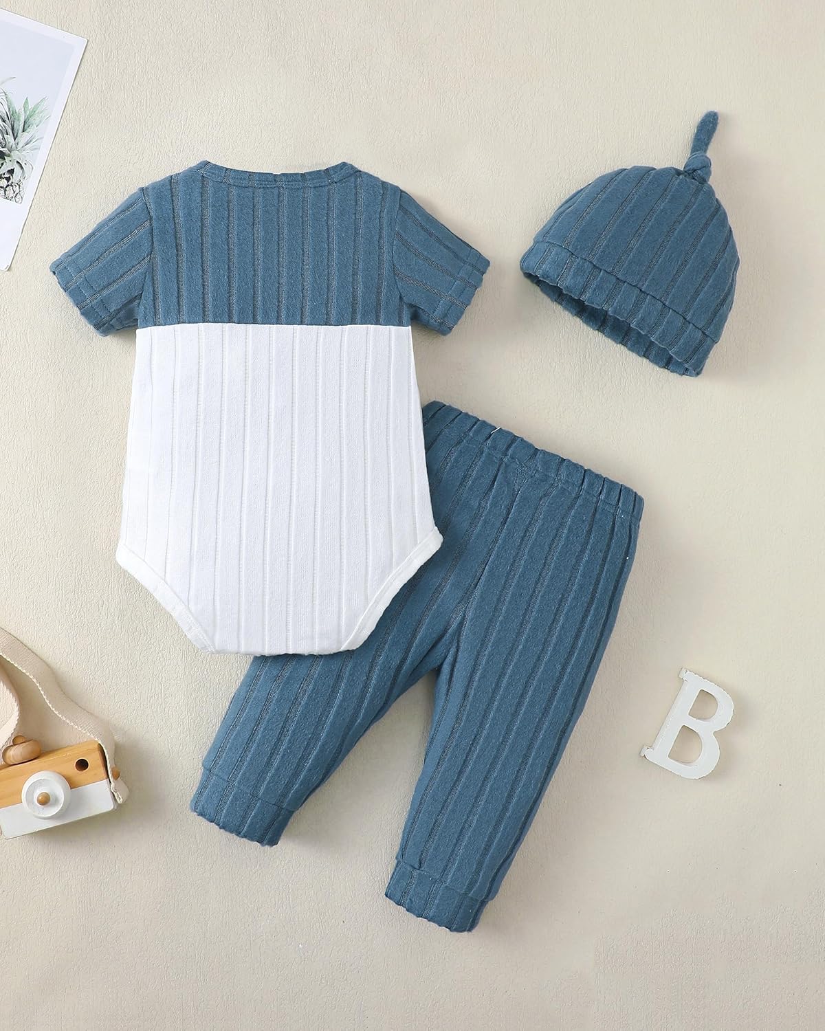 Renotemy Preemie Newborn Boy Summer Clothes Gift Short Sleeve Button Romper Baby Boys Bodysuit Long Pants Outfit Set with Hat - Image 5