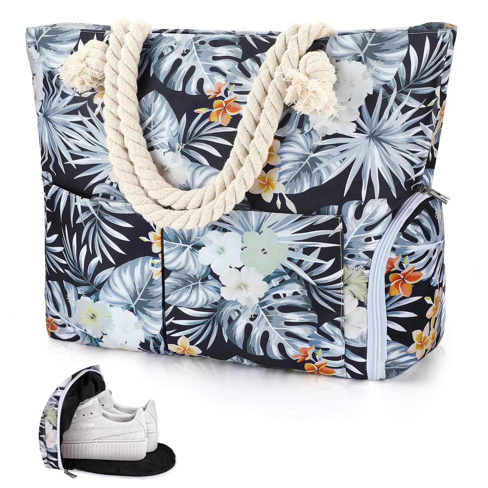 AuniqBolsa de playa extra grande impermeable para mujer, bolsa de hombro de lona de verano con cremallera y compartimento para zapatos bolsas de mujer esenciales para vacaciones para viajes gimnasio