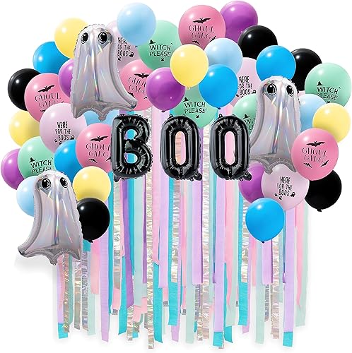 Cheerland Kit de serpentina de globos de colores pastel lindo fantasma BOO Kit de telón de fondo para decoración de fiesta temática de Halloween,