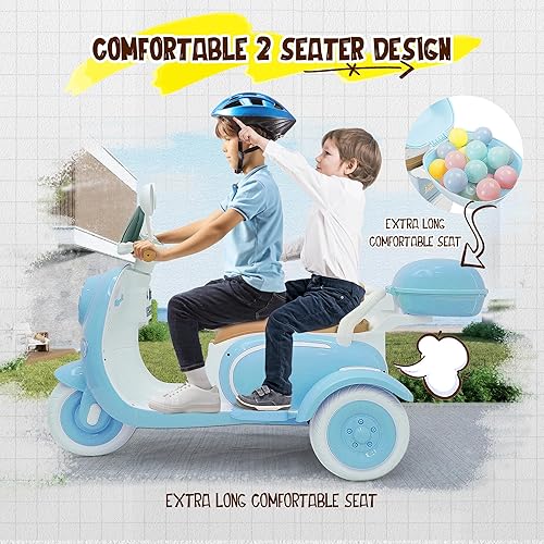 Miniatura 3 de Motocicleta eléctrica para niños de 12 V, 3 ruedas y 2 plazas con control remoto parental de 2.4 G, música, bocina, luz, caja de almacenamiento