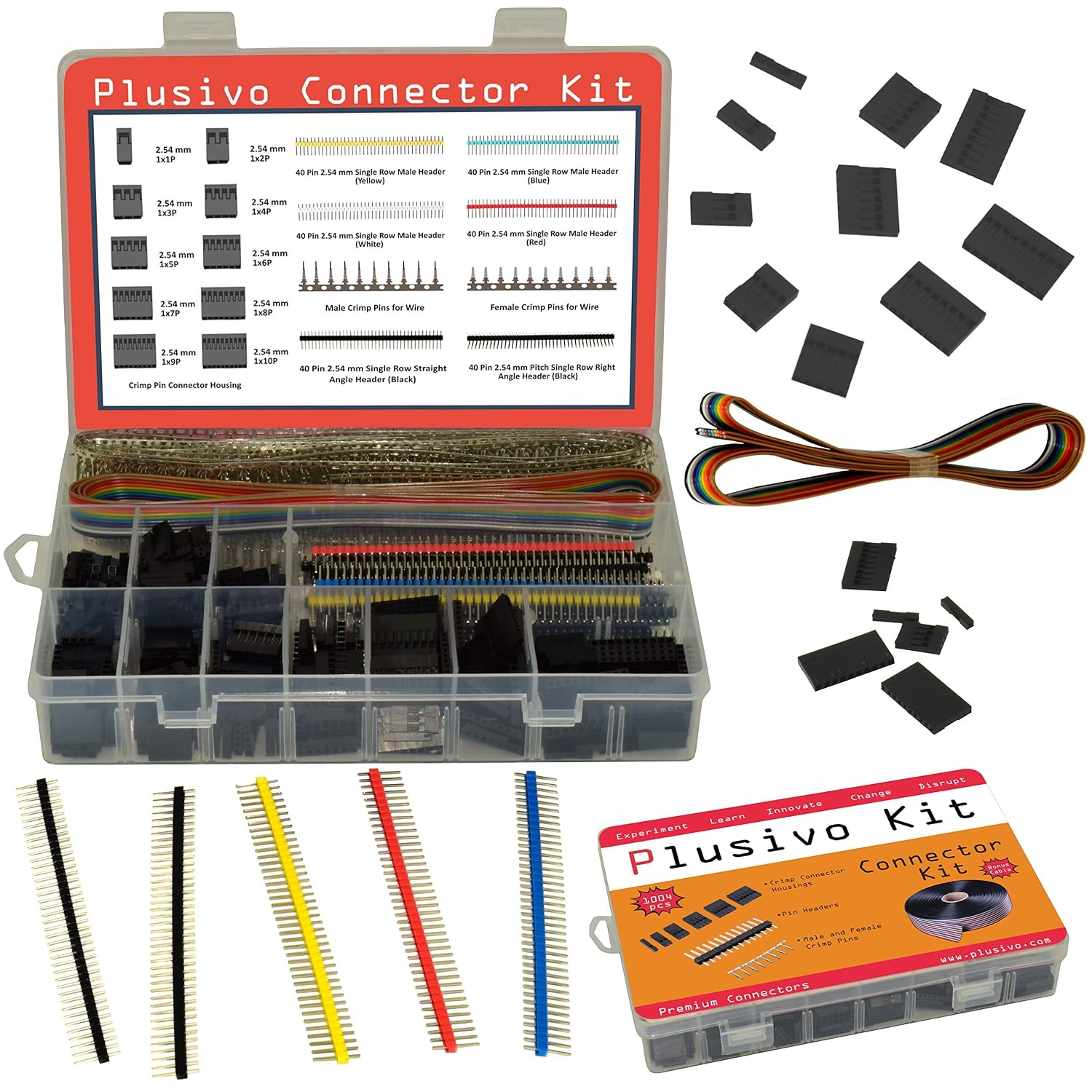 Dupont Connector Kit - 1004pcs Crimp Connector Kit with 2.54 mm Crimp Pin Connector Housings, Single Row Male Headers, Male/Female Crimp Pins and Ribbon Cable from Plusivo