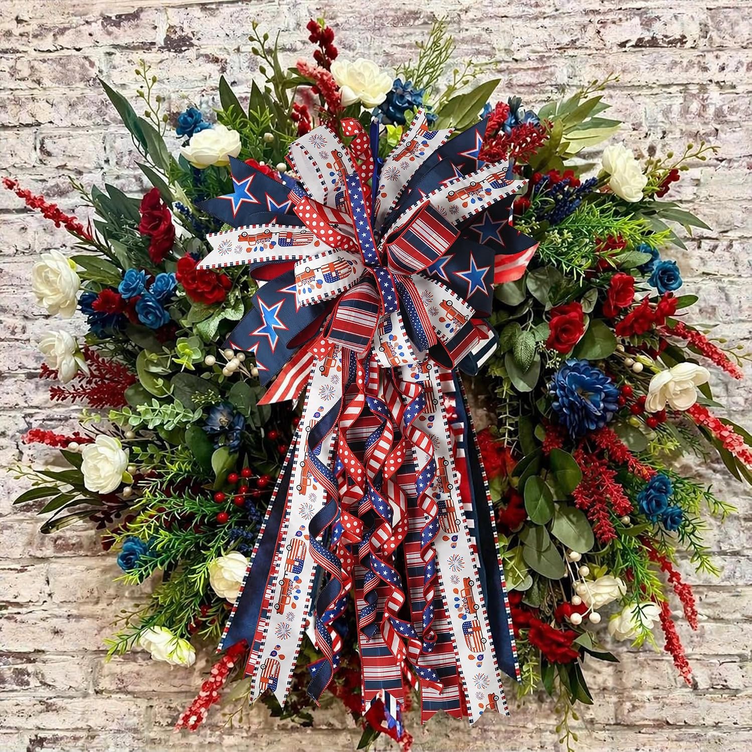 HUIHUANG Stars and Stripes Reversible Dupioni Wired Ribbon 1 inch Patriotic Wire Edge Ribbon for 4th of July Memorial Day Home Decor Bows Making DIY Crafts - Continuous 10 Yards