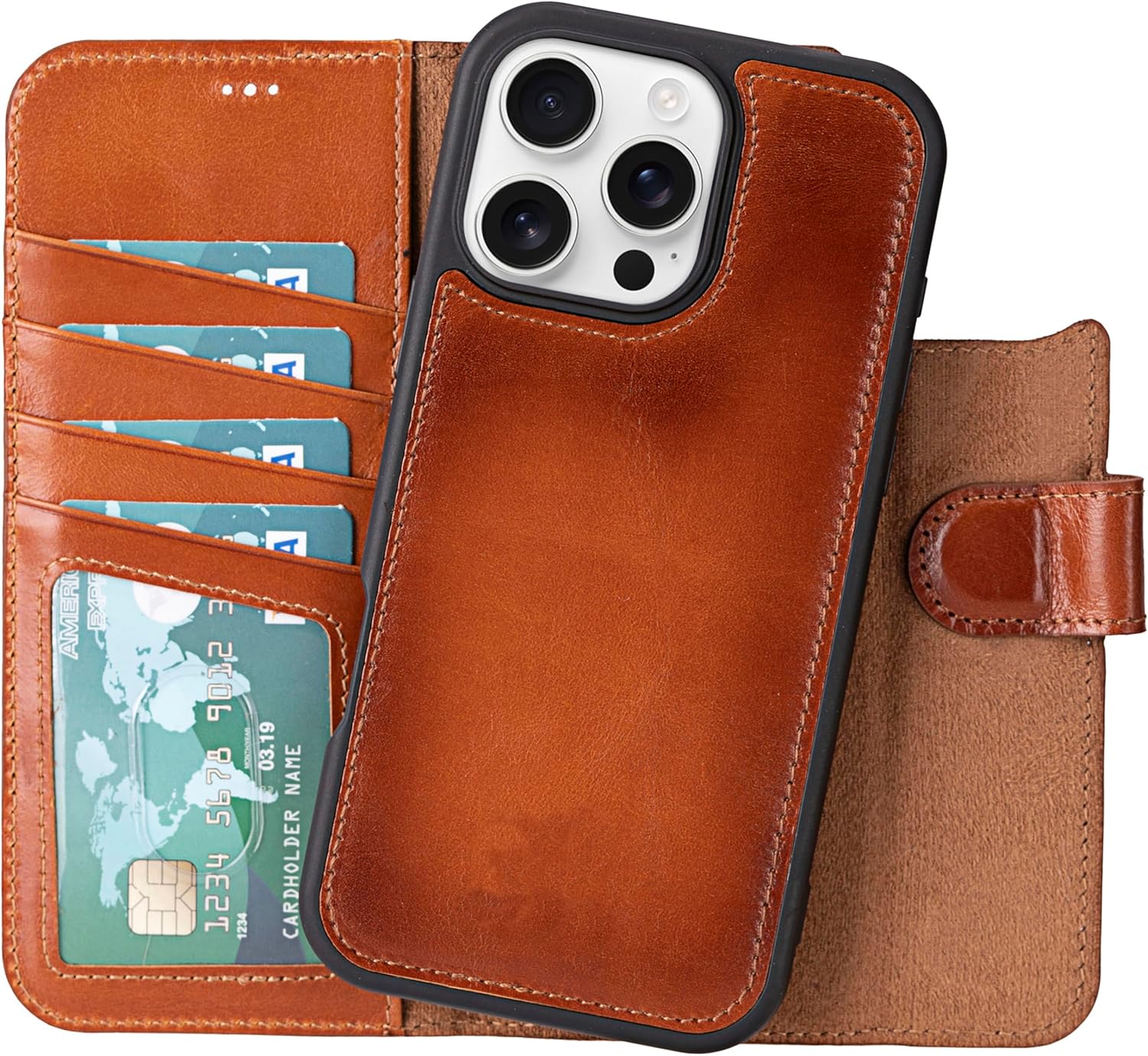 VENOULT Detachable Wallet Case for iPhone 16 Pro MAX, Buesiness Style 4 Card Holder Folio Cover, Man or Women, Compatible with Magsafe, RFID, Full Grain Genuine Leather (Chestnut Brown)
