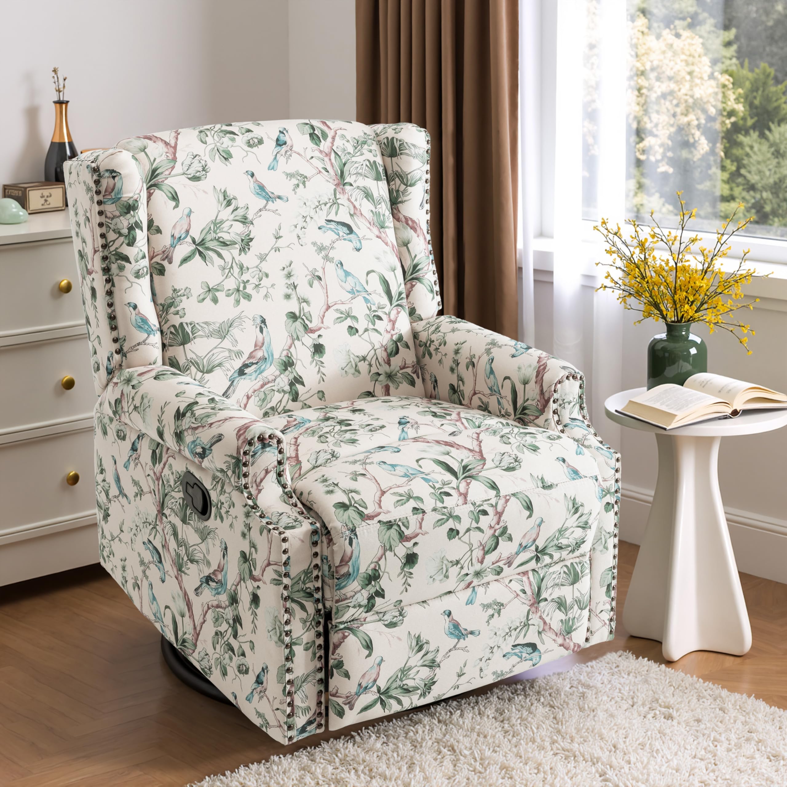 Premium 360° Swivel Recliner Chair with Footrest - Luxurious Cotton Linen & Botanical Design-Colorful Birds