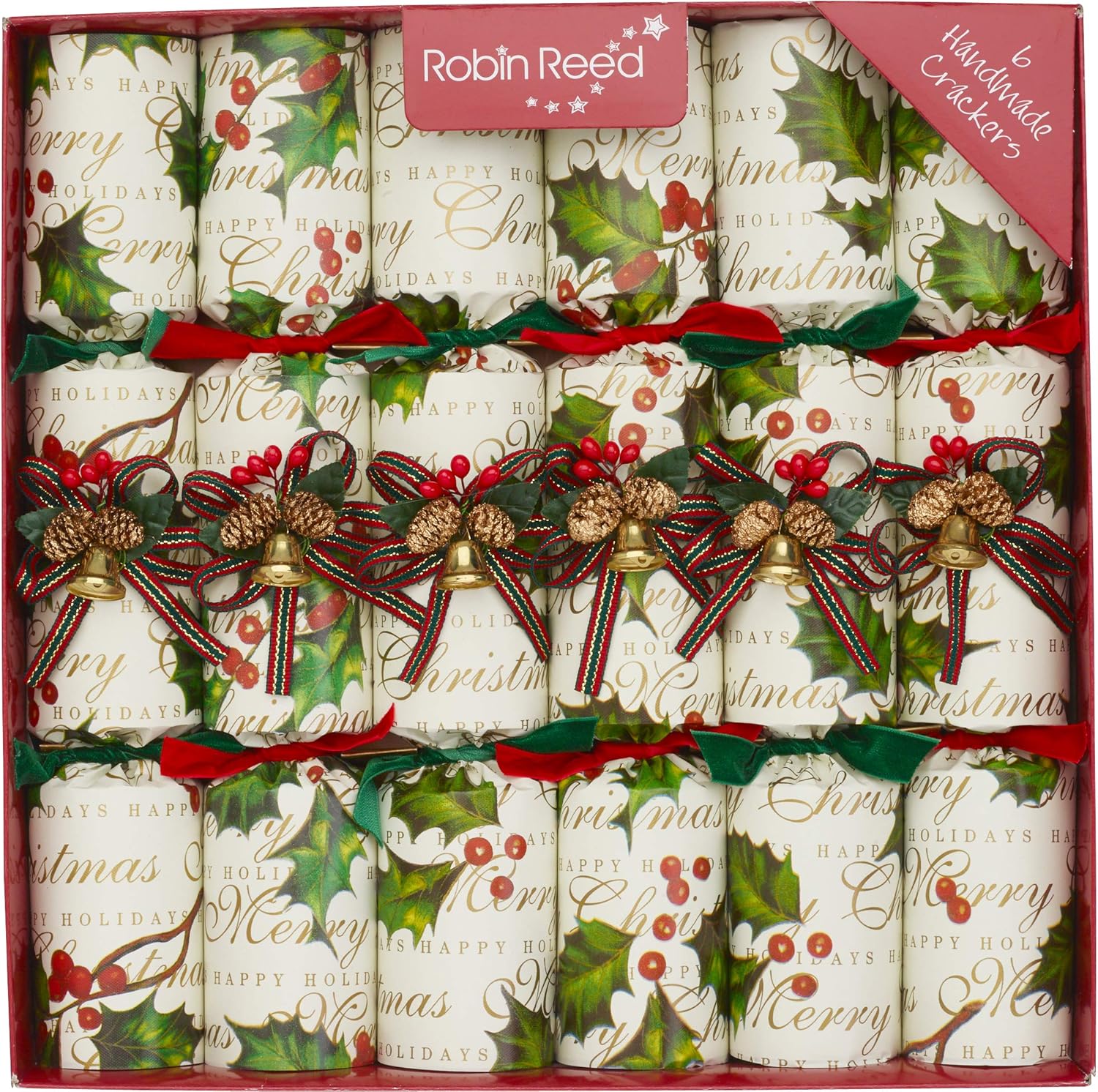 Robin Reed 6 x 12 Luxury Christmas Crackers Classic Holly with bells