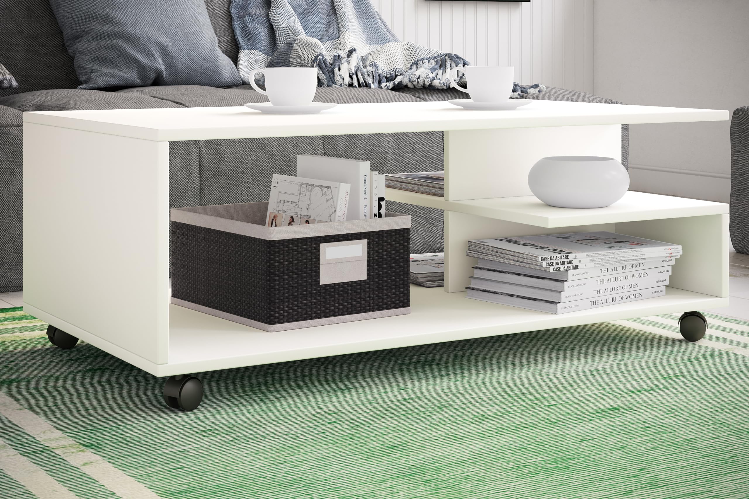 VCM Holz Couchtisch Sofatisch Wohnzimmertisch Rollen rollbar Kaffeetisch Stango XL Weiß