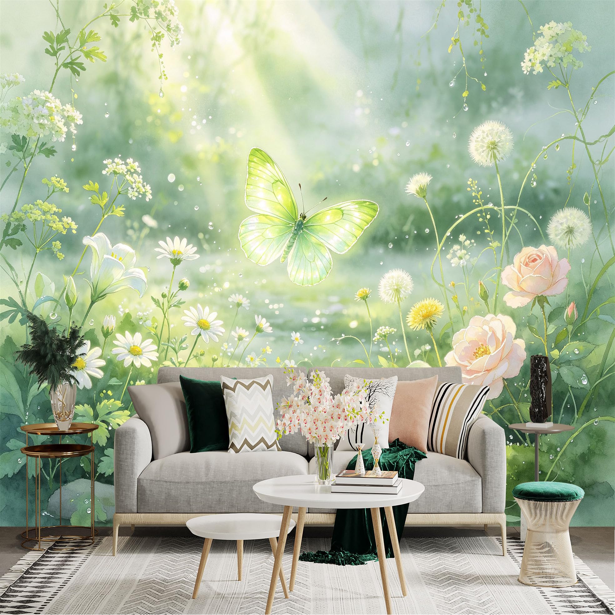Lnzczhyre Bh260719315 Custom Size Wall Sticker Mural， Green Butterfly， Watercolor Wildflowers， Sunlit Spring Garden， Serene Nature Scene， For Wall Decoration， Peelandstick Wall Decals.