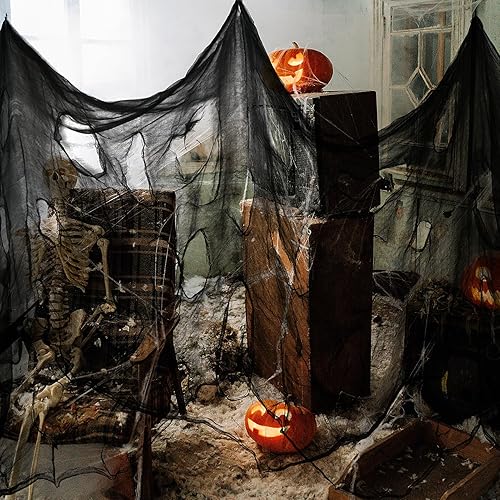 Miniatura 6 de Nirohee Tela espeluznante negra de Halloween, 315 x 85 pulgadas, decoración de Halloween al aire libre, paño negro de gasa espeluznante, accesorios