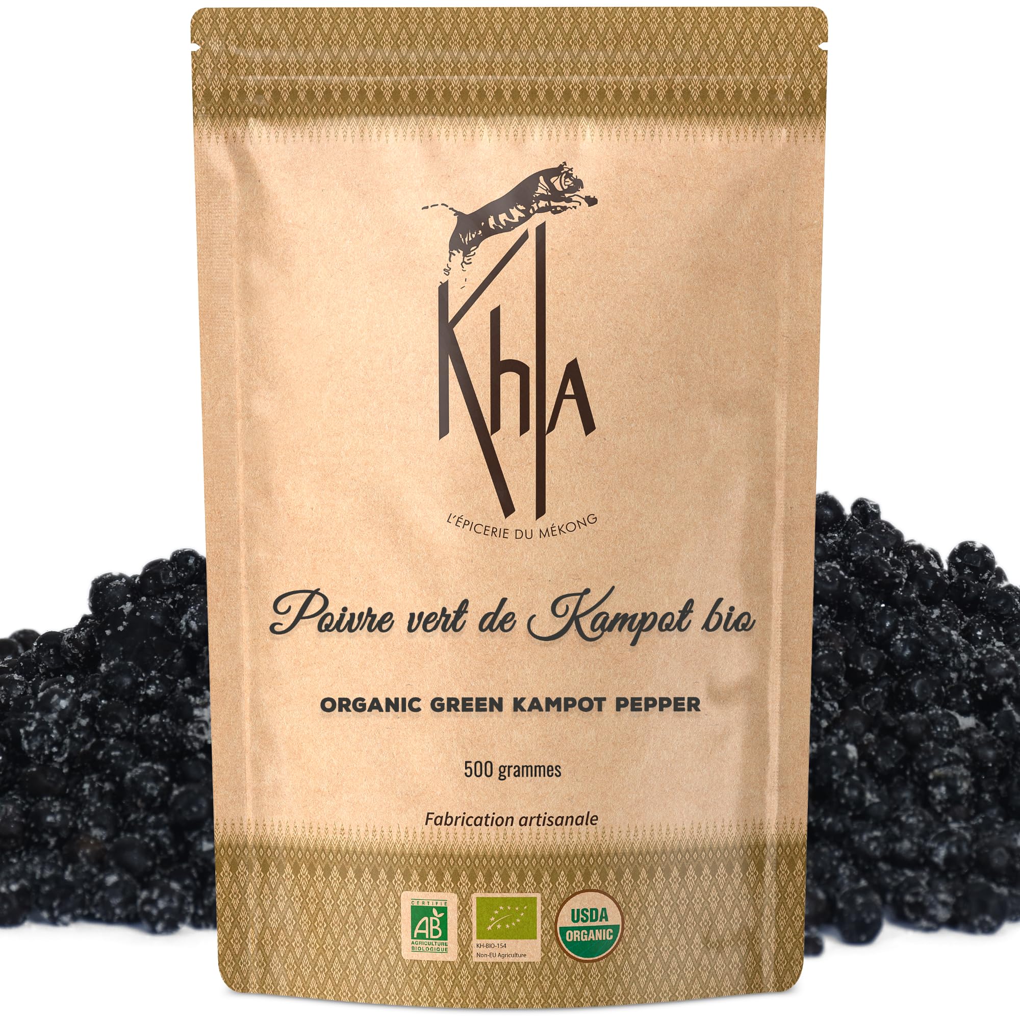 Khla - Poivre Vert Frais de Kampot Certifié Bio 500 g - Sachet Poivre en Grains Biologique - Grand Cru, Aromatique & Végétal - Direct Producteur - Apéritif, Sauces - Origine Cambodge