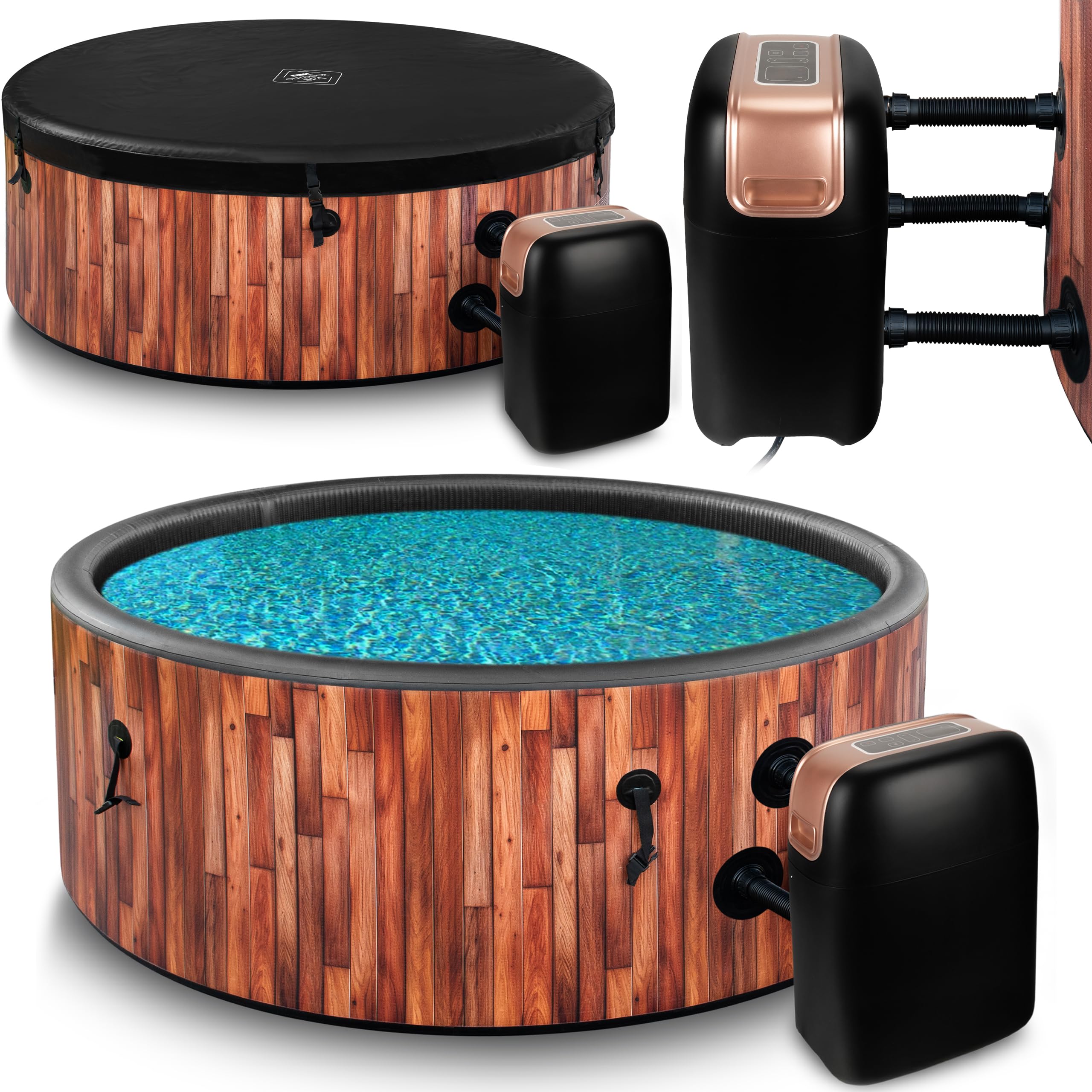 COIL Spa d'extérieur gonflable pour 6 personnes, aspect bois, matériau DWF robuste, gonflage rapide, hydromassage bien-être (teck)