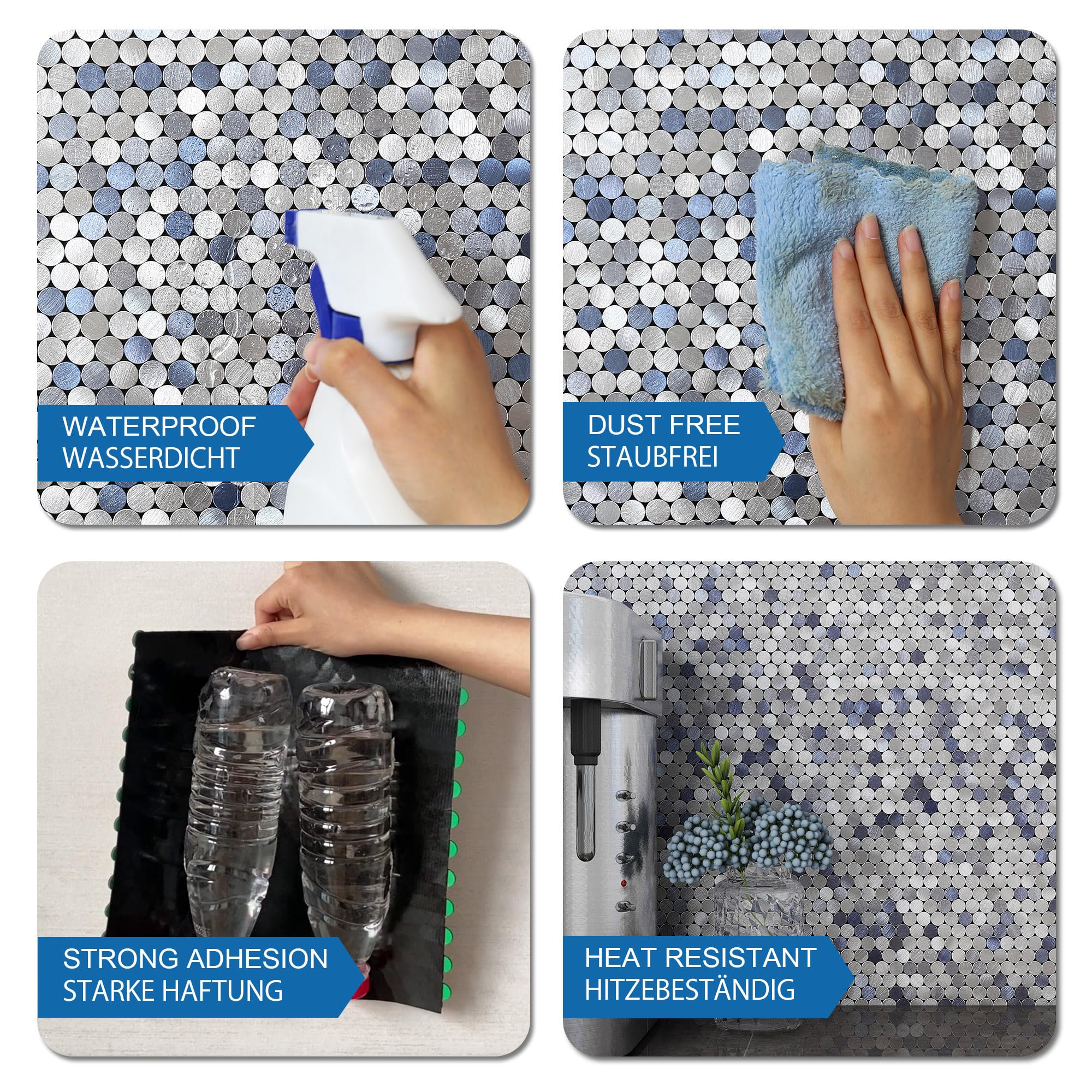 Petits carreaux ronds Penny autocollants pour dosseret de cuisine, autocollants de carreaux en mosaïque métallique pour mur de cuisine, derrière la cuisinière, cheminée (10 feuilles, bleu)