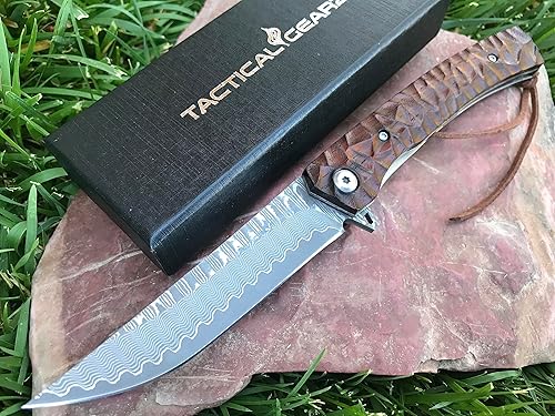 TACTICAL GEARZ Cuchillo de bolsillo de Damasco - Cuchillo plegable EDC con mango de palisandro - Hoja VG10 de acero de Damasco de 67 capas para