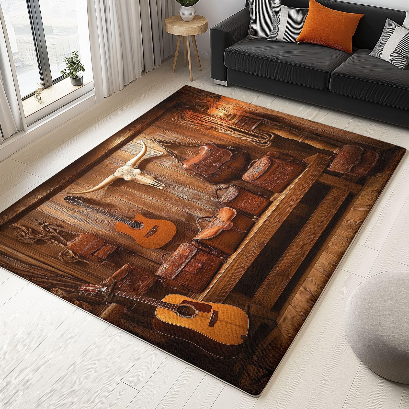 Générique Tapis de Salon Rectangulaire 140 cm x 200 cm Lavable en Machine, Tapis Moelleux à Poils CourtsGuitare Portefeuille Vintage pour Chambre Salle à Manger Salle Bain - Noir