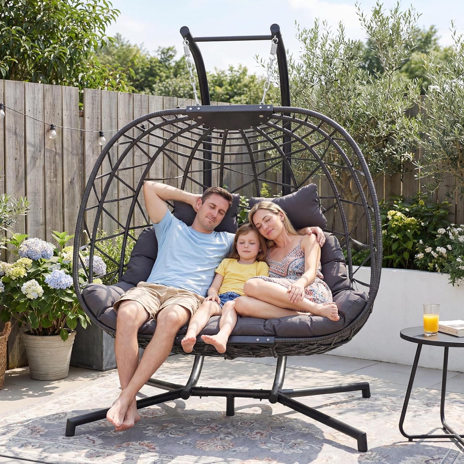 BULEXYARD 2 Person Double Wicker Swing Egg Chair with Stand and Cover, Extra Large Wicker Hanging Patio Loveseat, Oversized Cushioned Hammock Chair for Balcony Garden Backyard Porch, Dark Gray