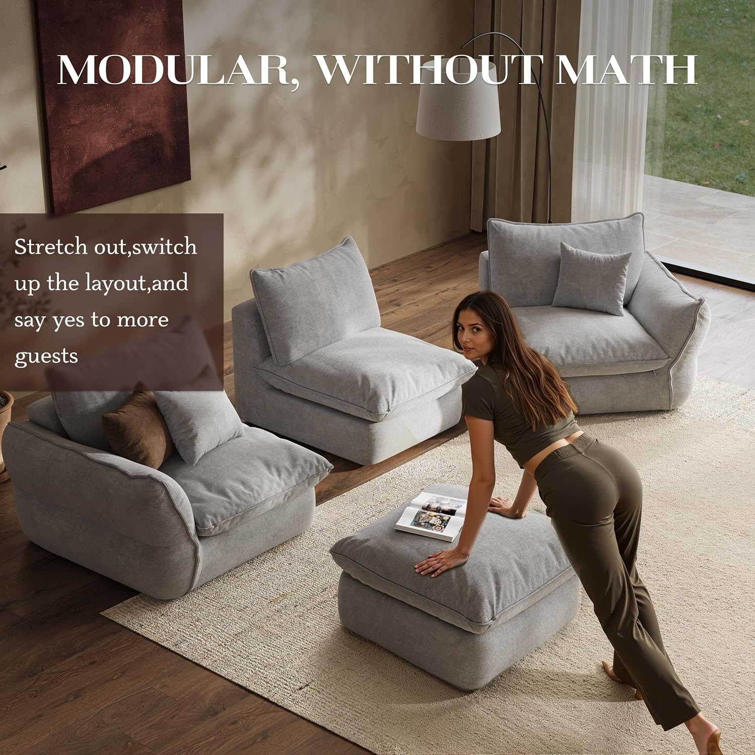 106 L-Shaped Sectional Sofa Feather-Filled Cushions Oversized Cloud Couch Pebble Gray