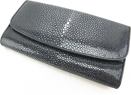 Cartera de embrague triple de piel de mantarraya pulida genuina para mujer, Negro -, Cartera de embrague triple con rayas pulidas
