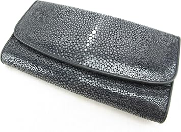 PELGIO Genuine Polished Stingray Skin Womens Trifold Clutch Wallet Polished Black Black