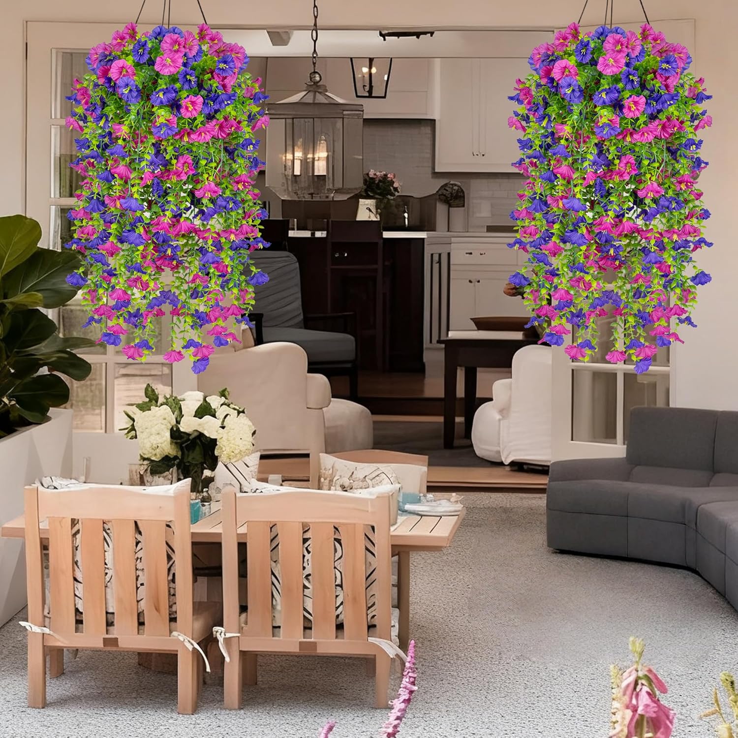 Artificial Faux Hanging Flowers Plants for Outdoors Outside Spring Summer Decoration,4 PCS Morning Glory Fake Flowers UV Resistant Silk for Planter Front Porch Patio Yard Balcony Home（Purple Fuchsia）