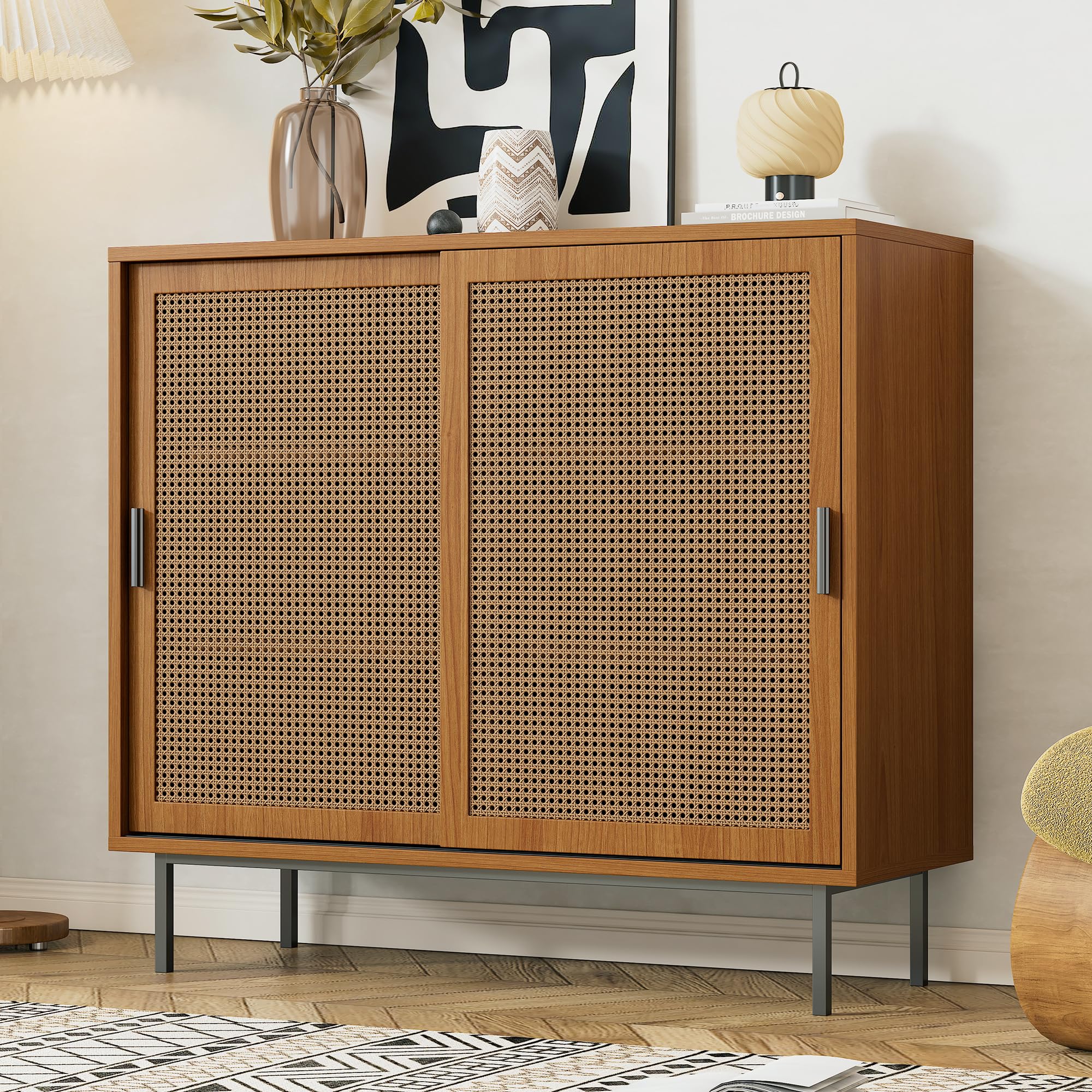 Merax Sideboard Cabinet with Rattan Doors, Kitchen Storage Cabinet with Sliding Barn Doors & Adjustable Shelves, Farmhouse Storage Cupboard for Living Room Dining Room Hallway, Walnut, 100x37x90 cm