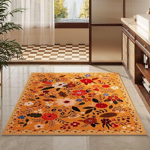 Miniatura 7 de Rugcomf Alfombra de área de 4 x 6 pies, lavable, bohemia, antideslizante, de pelo bajo, floral, pequeña alfombra para dormitorio, mesita de noche,