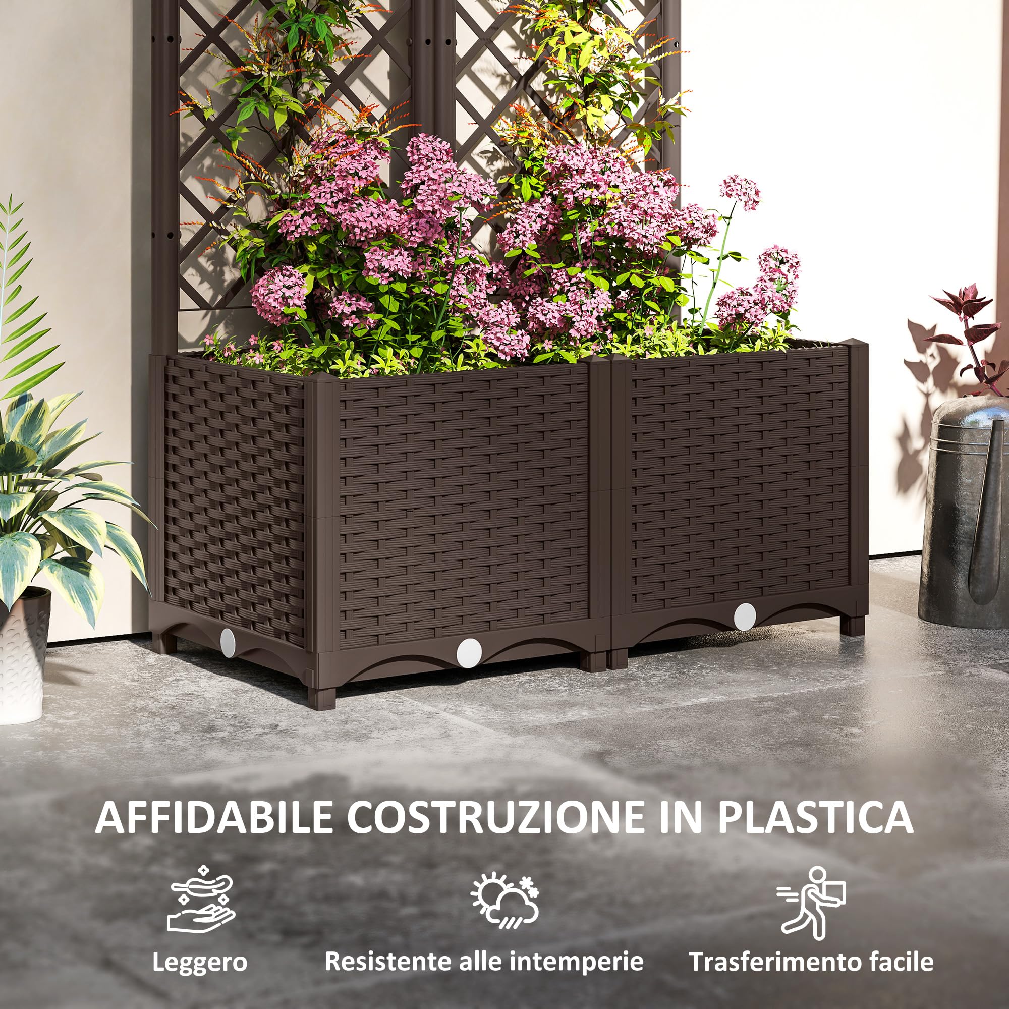 Outsunny Letto per Orto Rialzato da Esterno in PP 80x40x135 cm Marrone | Grigliato, 6 Fori di Drenaggio, Fioriera da Esterno per Piante Rampicanti, per Fiori e Verdure, per Giardino e Balcone