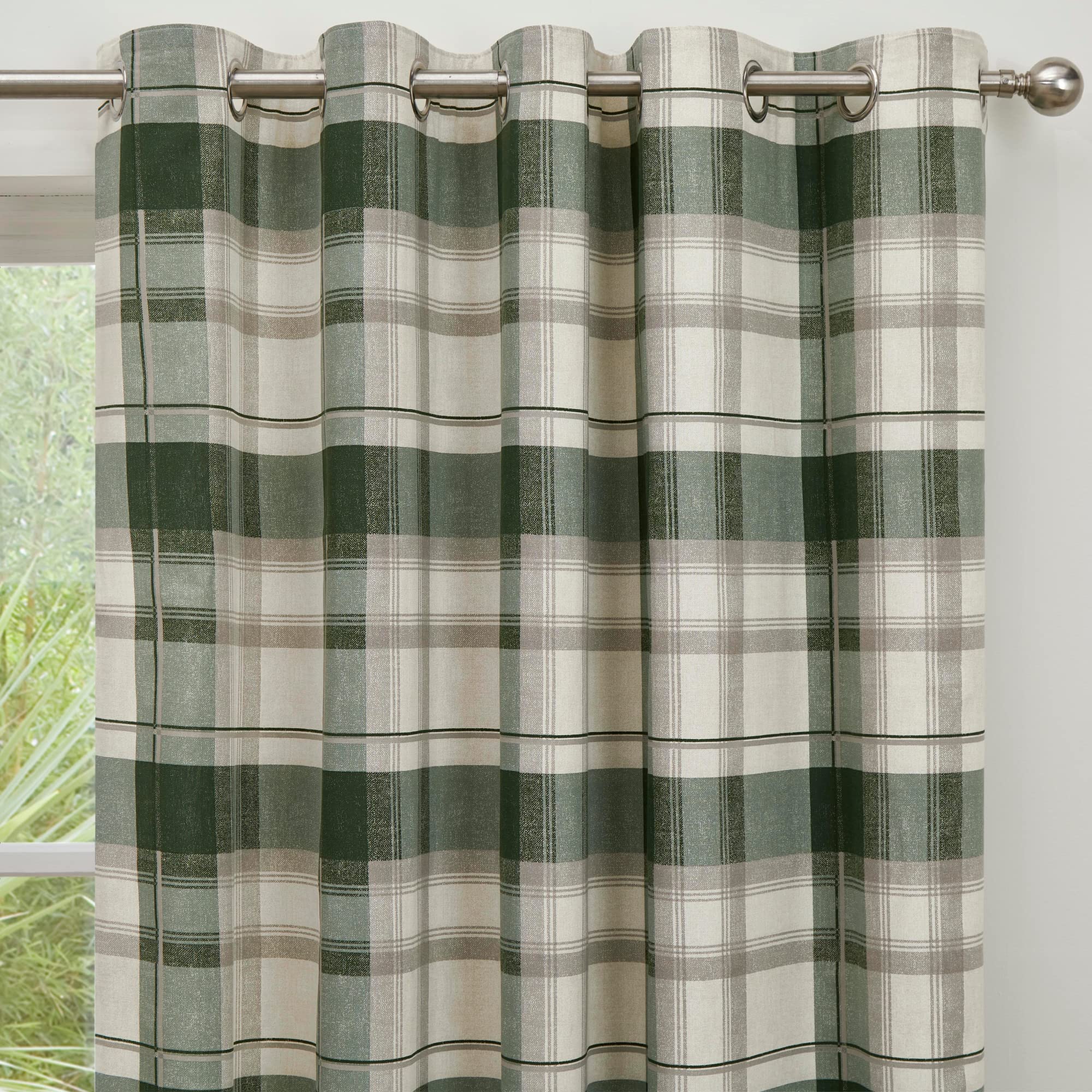 Fusion - Rideaux Tartan Vert 117 x 183 cm - 100% Coton - 2 Panneaux - Rideaux à Carreaux Vert Olive - Rideaux à œillets Verts à Carreaux - Rideaux Vert foncé pour Salon/Chambre/Bureau