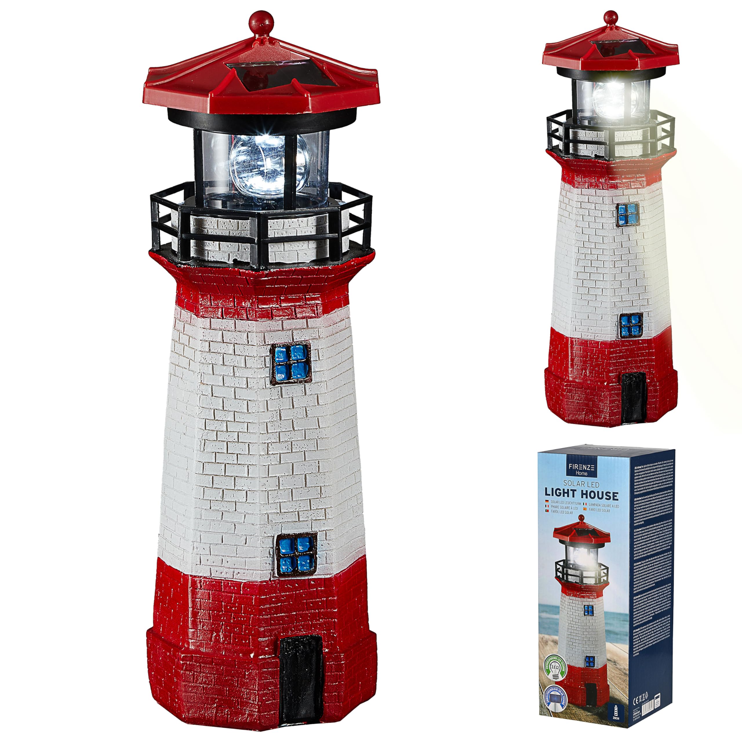Cepewa Latarnia solarna LED, wys. 28 cm, czerwono-biała, dekoracja ogrodowa, latarnia morska, wieża, oświetlenie solarne (1 x solarna latarnia LED wys. 28 cm)
