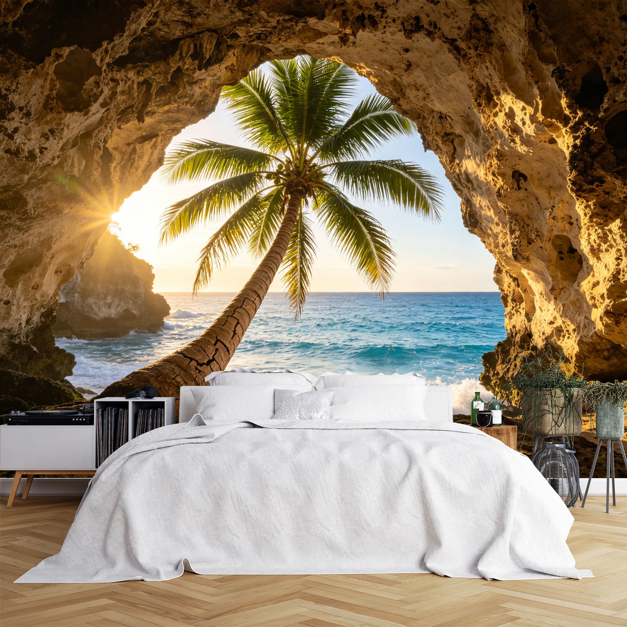 Lcythiazole Ch260615249 Custom Size Wall Murals Cave View Palm Tree Ocean Sunset Coastal Wall Stickers Self-Adhesive Wall Fabric (No Pvc) Removable Wallpaper For Vacation Style Room