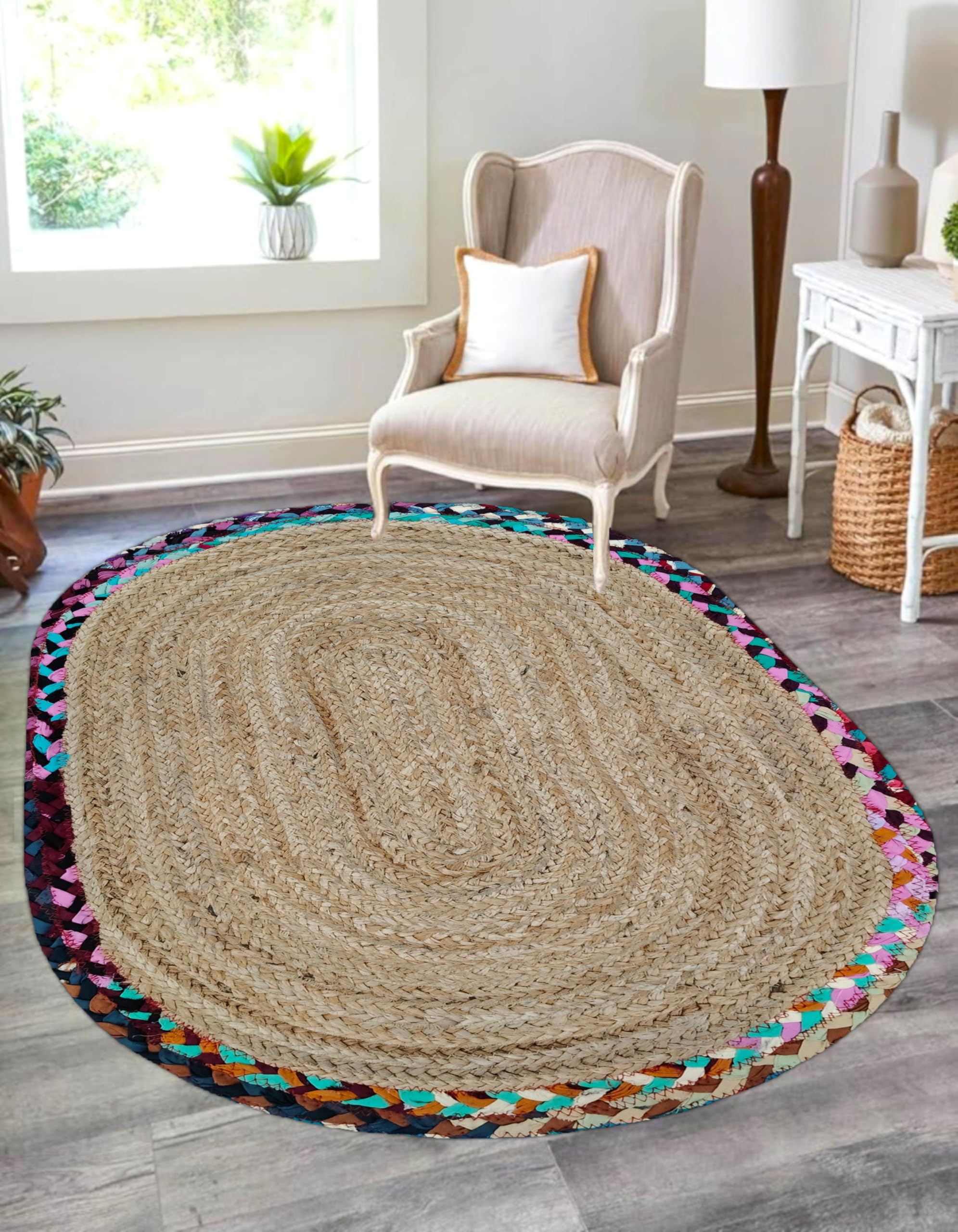 Trademoon Indian Handmade Braided Multi Cotton Border with Inner Natural Jute Area Rug, Jute Rug, Living Room, Bedroom, Doormat Rug Size - 3 x 5 Feet Oval (90 cm x 150 cm)