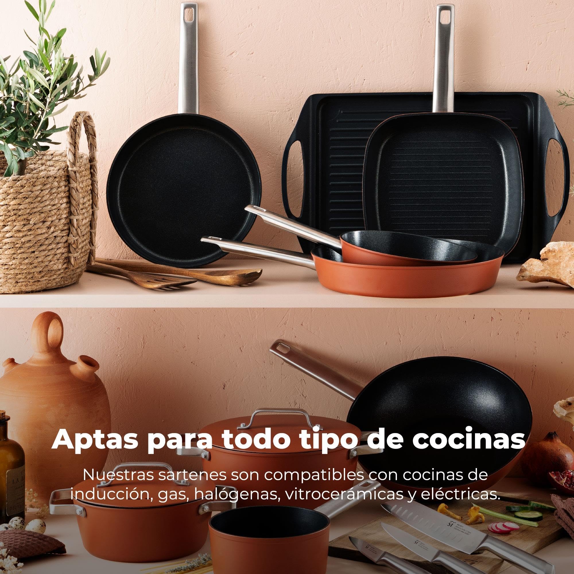 San Ignacio AGROS Pack cocina 4 Pzs - Plancha asador 34x26cm, Sartén Ø30cm, Grill cuadrado 24cm y Set 3 Utensilios de madera de acacia