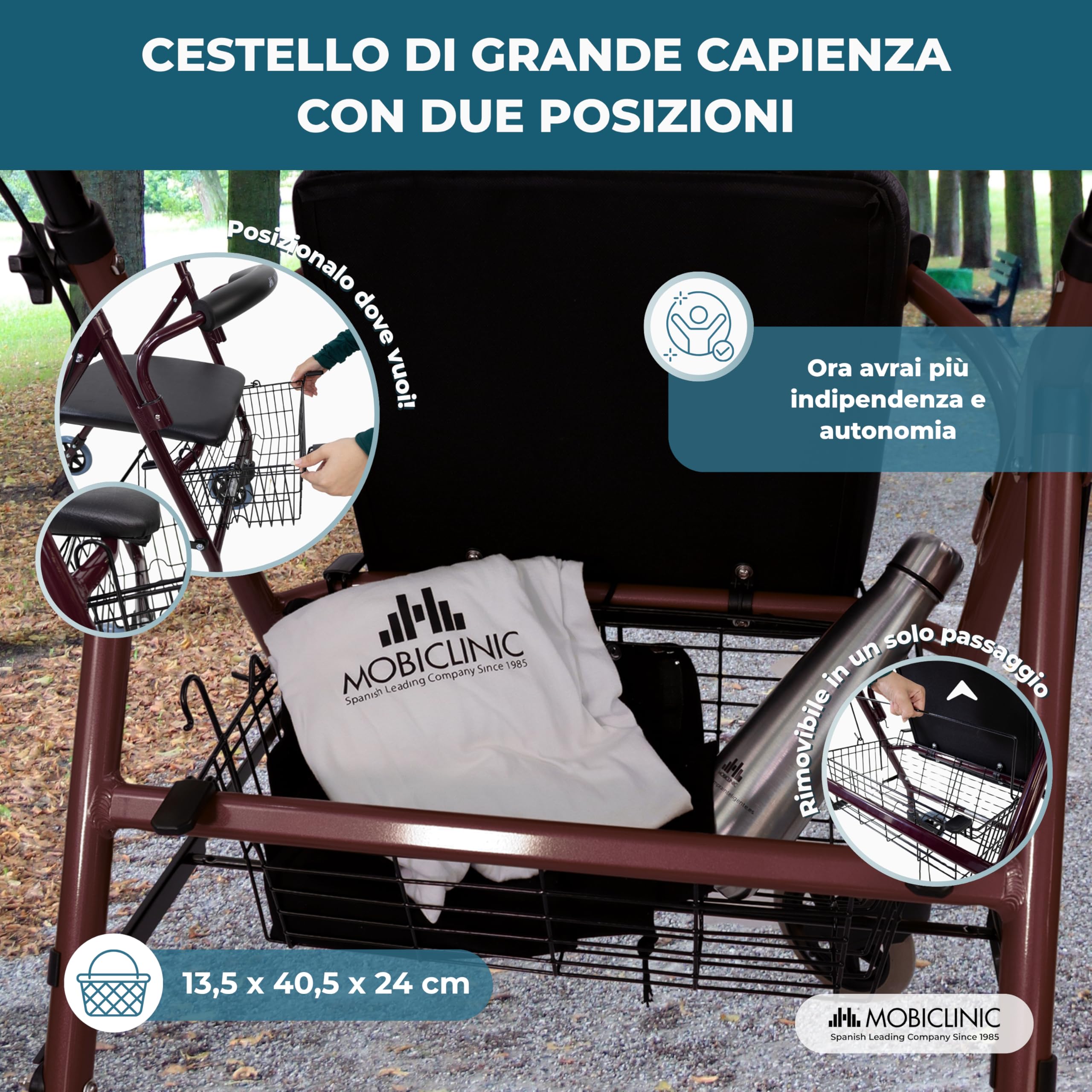 Mobiclinic®, Deambulatore per Anziani, Pieghevole, Regolabile in Altezza, Freni Manuali e Bloccabili, Fino a 110 Kg, con Cestino e Sedile, Leggero, Resistente, Alluminio, Bordeaux, Escorial