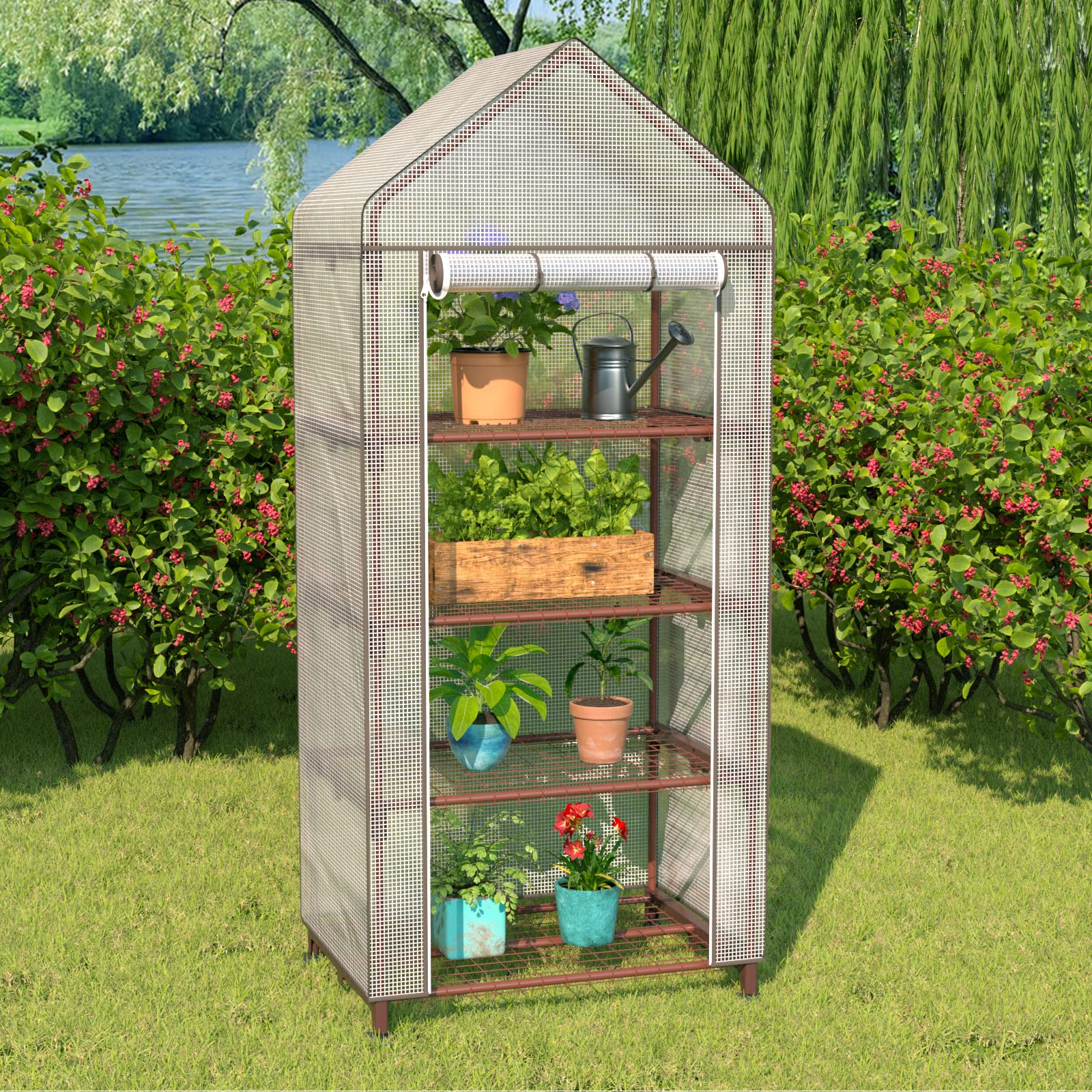 UDPATIO Invernadero Con 4 Niveles, Pequeño Invernadero Con Estantes, Puerta Enrollable, 4 Ruedas Y 4 Ganchos Para Tierra, 171x70x50 Cm, Ahorro De Espacio, Para Balcón, Habitación, Jardín