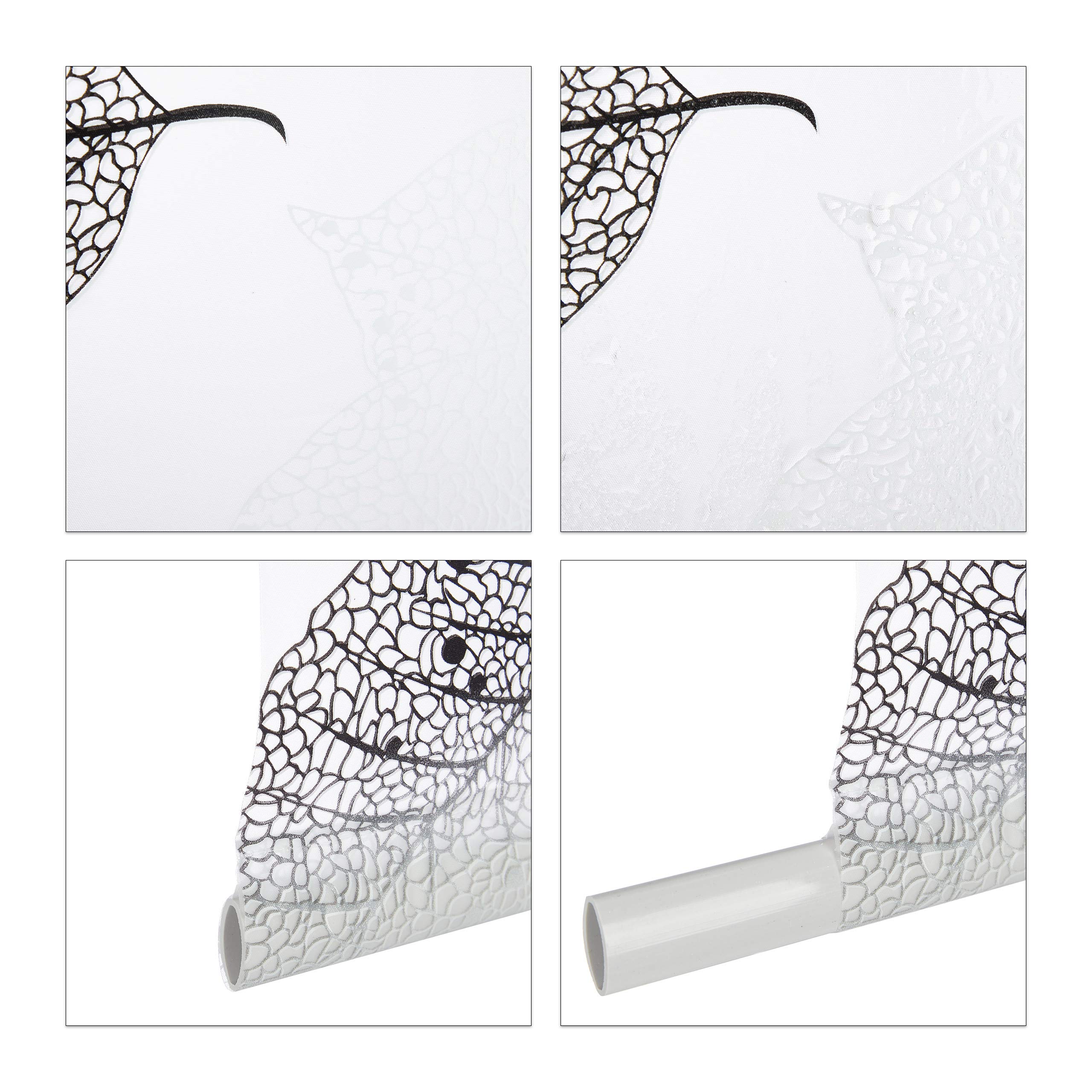 Relaxdays Cortina Enrollable Ducha Estampado de Hojas, Cortina Bañera 160x240cm, Sujeción Techo/Ventana, Blanco y Negro