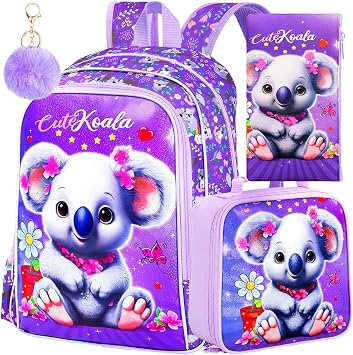 WZLVO 3PCS Backpack for Girls, 16" Kids Koala Preschool Bookbag with Lunch Box,Cute Animal Water Resistant School Backpacks Set for Elementary Kindergarten