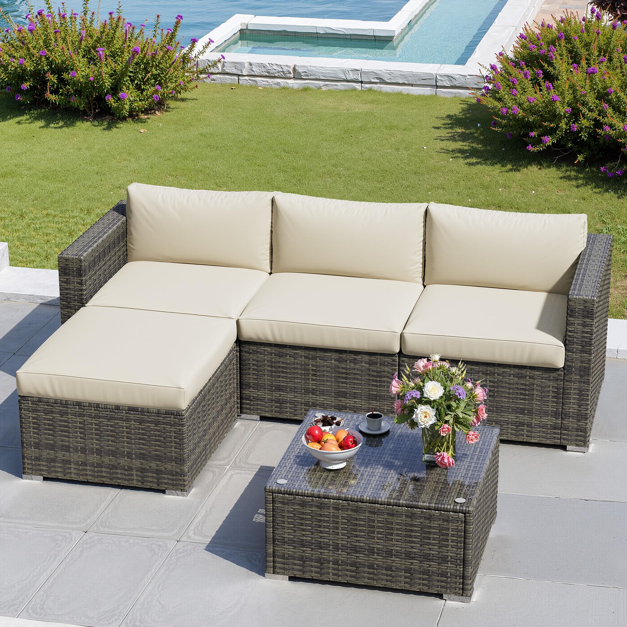 Photo 1 of 5 Pieces Outdoor Patio Furniture Set, Patio Sectional Furniture Set, All-Weather Wicker Rattan Patio Conversation Set with Washable Thick Cushions and Coffee Table, Outdoor Patio Sofa Couch Set, Beige