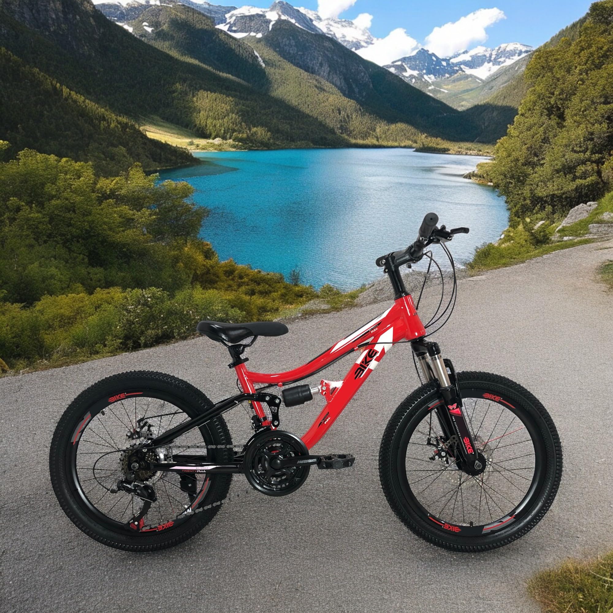 IBK Bicicletta Bici MTB 20'' Pollici Mountain Bike BIAMMORTIZZATA Ragazzo Cambio 21 Velocità Freni a Disco Rossa