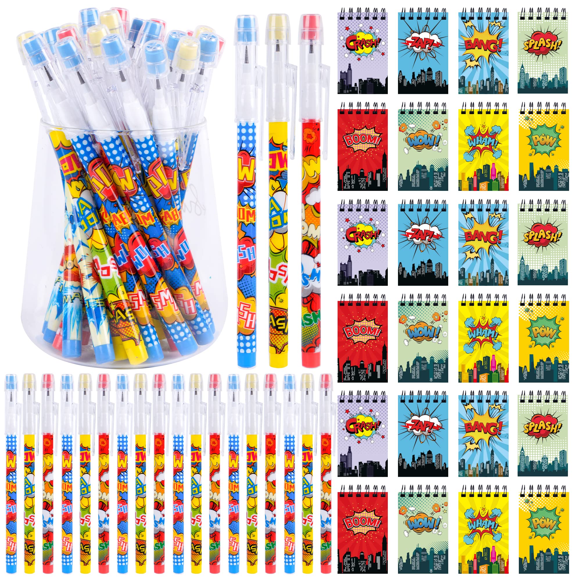 Kolewo4ever 48 Pieces Hero Text Theme Set:24Pcs Translucent Pencil Multipoint Non Sharpening Stackable Pencils 24Pcs Mini Spiral Notepad Memo Pad Pocket Notebooks