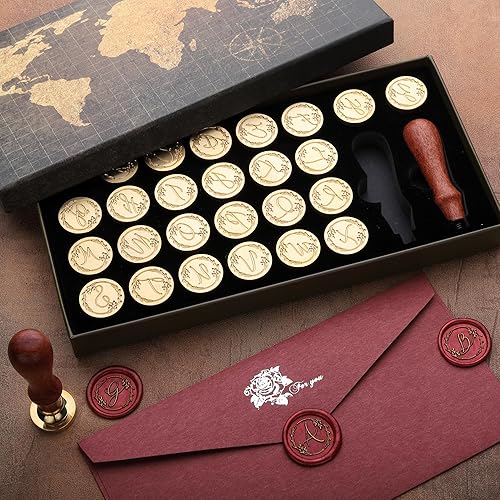 Miniatura 4 de Yoption Kit de sellos de cera con iniciales del alfabeto de 26 letras A-Z, sello de cera de sellado de letras vintage manuscritas a mano con 2 asas
