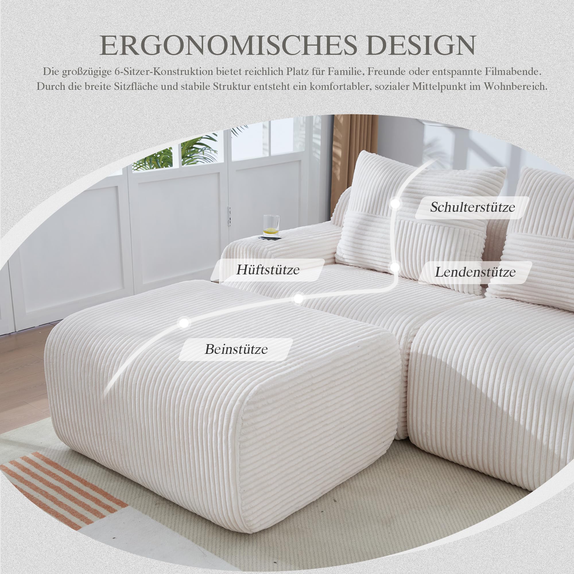 Bladez Sofá modular en forma de L, sofá de 2 plazas de cordón moderno con taburetes, sofá de asiento profundo sin montaje, con portavasos y bolsillo lateral, para sala de estar (Beige, 2 plazas+1)